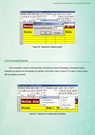 Curso Básico de Informática – Microsoft Office Excel
17
Figura 26 - Ajustando a largura padrão
1.4.3 Formatação Planilha
Para completar nossos conhecimentos introdutórios sobre formatação, precisamos agora
entender as opções de formatação de planilha. Para tanto, olhe a Figura 27 e veja no menu quais
são as opções possíveis.
Figura 27 - Opções de configuração de planilha
 