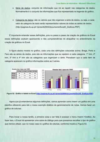 Curso Básico de Informática – Microsoft Office Excel
34
 Série de dados: conjunto de informação que irá se repetir nas categorias de dados.
Normalmente é o conjunto de informações que fica representado na legenda do gráfico.
 Categoria de dados: são os valores que irão organizar a série de dados, ou seja, a cada
valor de categoria de dado serão representados valores de todas as séries de dados.
(http://paginas.fe.up.pt/~lpreis/ib2004/documents/Excel5_Graficos.PDF)
É importante entender essas definições, pois no passo a passo de criação de gráficos do Excel
essas definições acabam aparecendo e não compreendê-las irá atrapalhar no entendimento da
criação de gráficos no Excel.
A figura abaixo mostra no gráfico, cada uma das definições colocadas acima. Braga, Porto e
Faro são as séries de dados, pois são as informações que se repetem a cada categoria. 1º trim, 2º
trim, 3º trim e 4º trim são as categorias que organizam a série. Percebam que a cada item de
categoria aparecem no gráfico informações sobre as 3 séries.
Figura 52 - Gráfico e tabela no Excel (http://paginas.fe.up.pt/~lpreis/ib2004/documents/Excel5_Graficos.PDF)
Agora que já entendemos algumas definições, vamos aprender como inserir um gráfico em uma
planilha utilizando para isto o nosso exemplo didático de gerenciamento de notas. Iremos fazer um
gráfico de colunas.
Para iniciar a nossa tarefa, a primeira coisa a ser feita é acessar o menu Inserir->Gráfico. Ao
fazer isso, o Excel irá apresentar uma caixa de diálogo para que possamos escolher o tipo de gráfico
que iremos utilizar, que no nosso caso é o gráfico de colunas, conforme mostra a Figura 53.
 