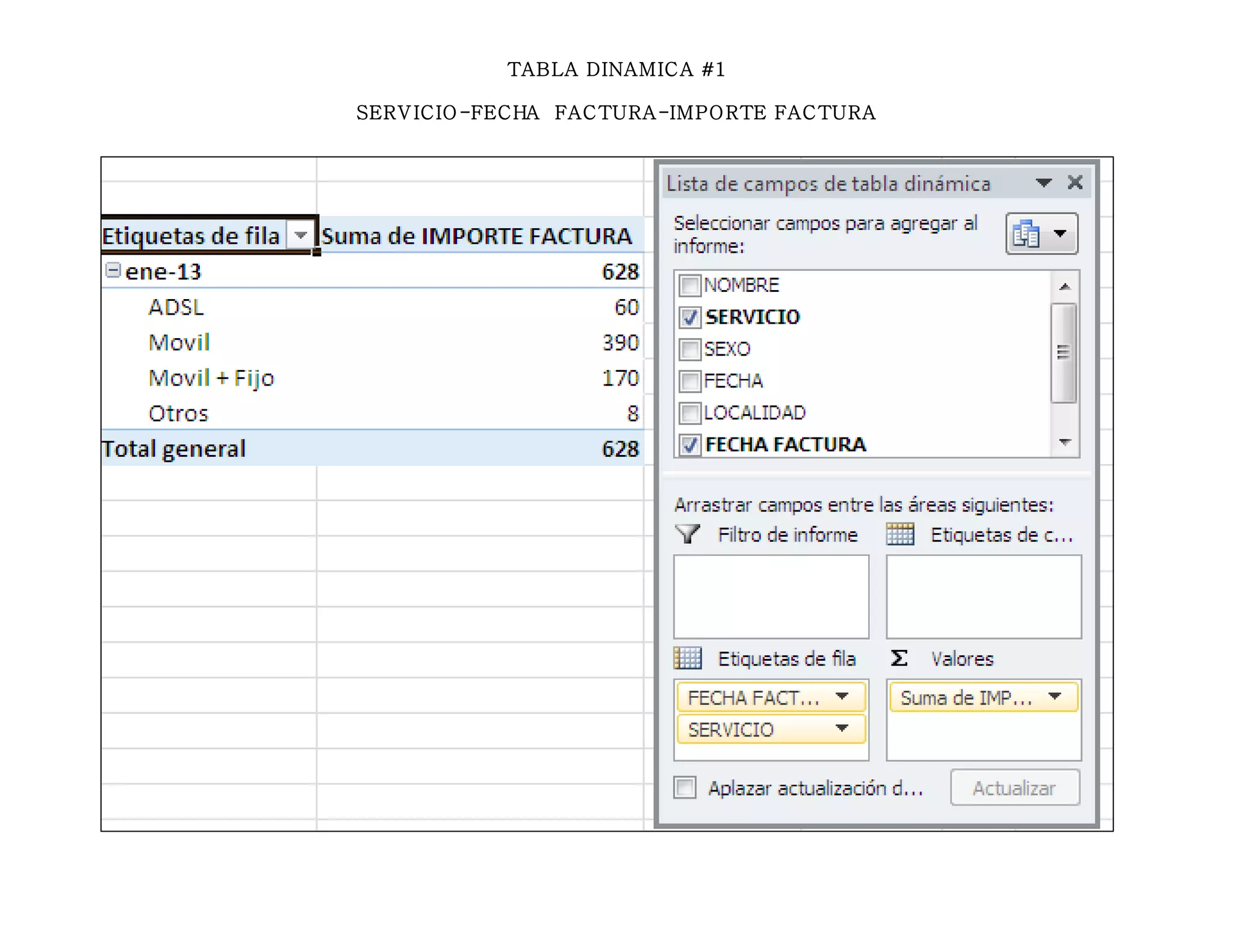 TABLA DINAMICA #1
SERVICIO-FECHA FACTURA-IMPORTE FACTURA