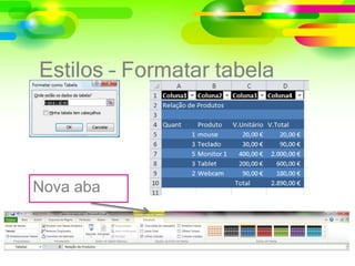 Estilos – Formatar tabela
Nova aba
 