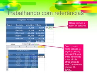 Trabalhando com referências
Célula comum a
todos os cálculos
Com o cursor
nesta posição (a
seguir à célula )
carregar F4,será
então adicionado
o símbolo de
cifrão antes da
letra D e antes do
número 10.
$D$10.
 