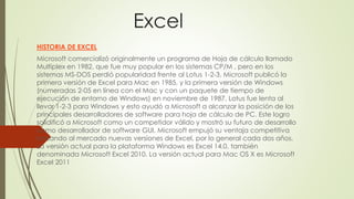 Excel
HISTORIA DE EXCEL
Microsoft comercializó originalmente un programa de Hoja de cálculo llamado
Multiplex en 1982, que fue muy popular en los sistemas CP/M , pero en los
sistemas MS-DOS perdió popularidad frente al Lotus 1-2-3. Microsoft publicó la
primera versión de Excel para Mac en 1985, y la primera versión de Windows
(numeradas 2-05 en línea con el Mac y con un paquete de tiempo de
ejecución de entorno de Windows) en noviembre de 1987. Lotus fue lenta al
llevar 1-2-3 para Windows y esto ayudó a Microsoft a alcanzar la posición de los
principales desarrolladores de software para hoja de cálculo de PC. Este logro
solidificó a Microsoft como un competidor válido y mostró su futuro de desarrollo
como desarrollador de software GUI. Microsoft empujó su ventaja competitiva
lanzando al mercado nuevas versiones de Excel, por lo general cada dos años.
La versión actual para la plataforma Windows es Excel 14.0, también
denominada Microsoft Excel 2010. La versión actual para Mac OS X es Microsoft
Excel 2011
 