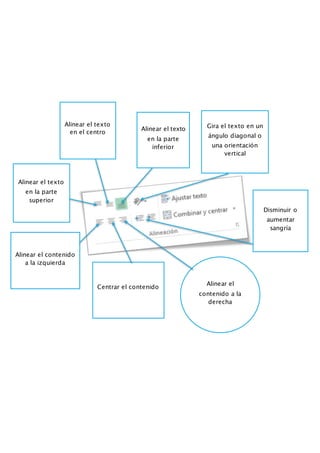 Alinear el texto
en el centro
Alinear el texto
en la parte
inferior
Gira el texto en un
ángulo diagonal o
una orientación
vertical
Alinear el texto
en la parte
superior
Alinear el contenido
a la izquierda
Centrar el contenido
Alinear el
contenido a la
derecha
Disminuir o
aumentar
sangría
 