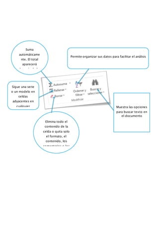 Suma
automáticame
nte. El total
aparecerá
después de las
Sigue una serie
o un modelo en
celdas
adyacentes en
cualquier
Elimina todo el
contenido de la
celda o quita solo
el formato, el
contenido, los
comentarios o los
Muestra las opciones
para buscar texto en
el documento
Permite organizar sus datos para facilitar el análisis
 