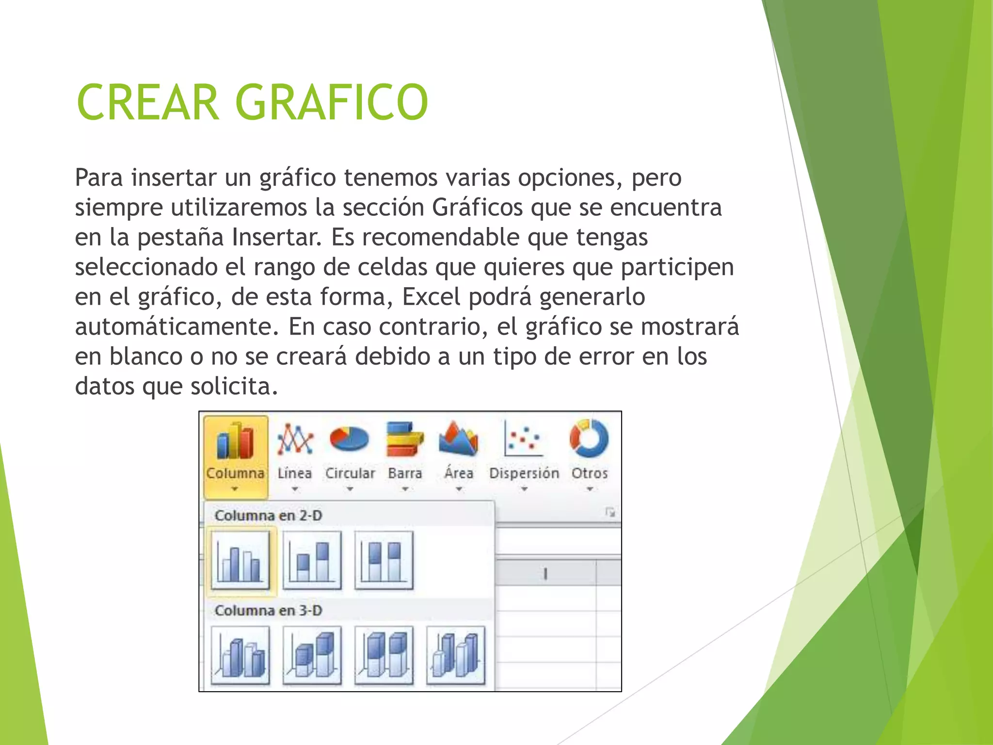 CREAR GRAFICO
Para insertar un gráfico tenemos varias opciones, pero
siempre utilizaremos la sección Gráficos que se encuentra
en la pestaña Insertar. Es recomendable que tengas
seleccionado el rango de celdas que quieres que participen
en el gráfico, de esta forma, Excel podrá generarlo
automáticamente. En caso contrario, el gráfico se mostrará
en blanco o no se creará debido a un tipo de error en los
datos que solicita.
 