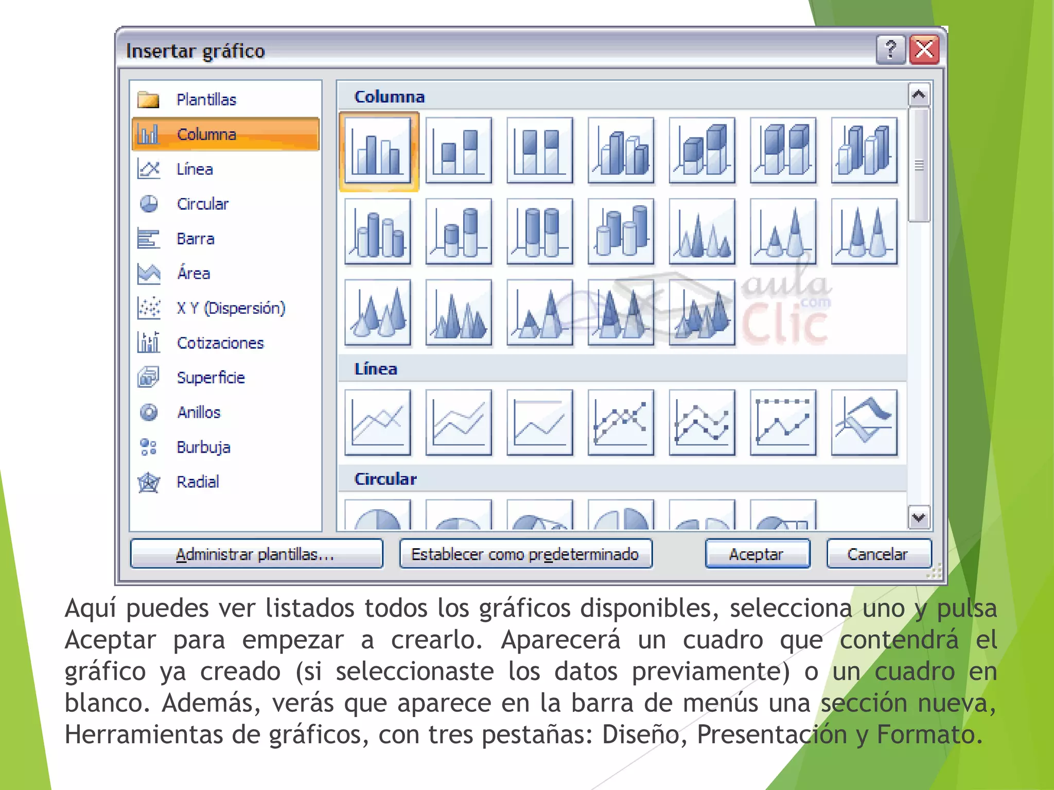 Aquí puedes ver listados todos los gráficos disponibles, selecciona uno y pulsa
Aceptar para empezar a crearlo. Aparecerá un cuadro que contendrá el
gráfico ya creado (si seleccionaste los datos previamente) o un cuadro en
blanco. Además, verás que aparece en la barra de menús una sección nueva,
Herramientas de gráficos, con tres pestañas: Diseño, Presentación y Formato.
 
