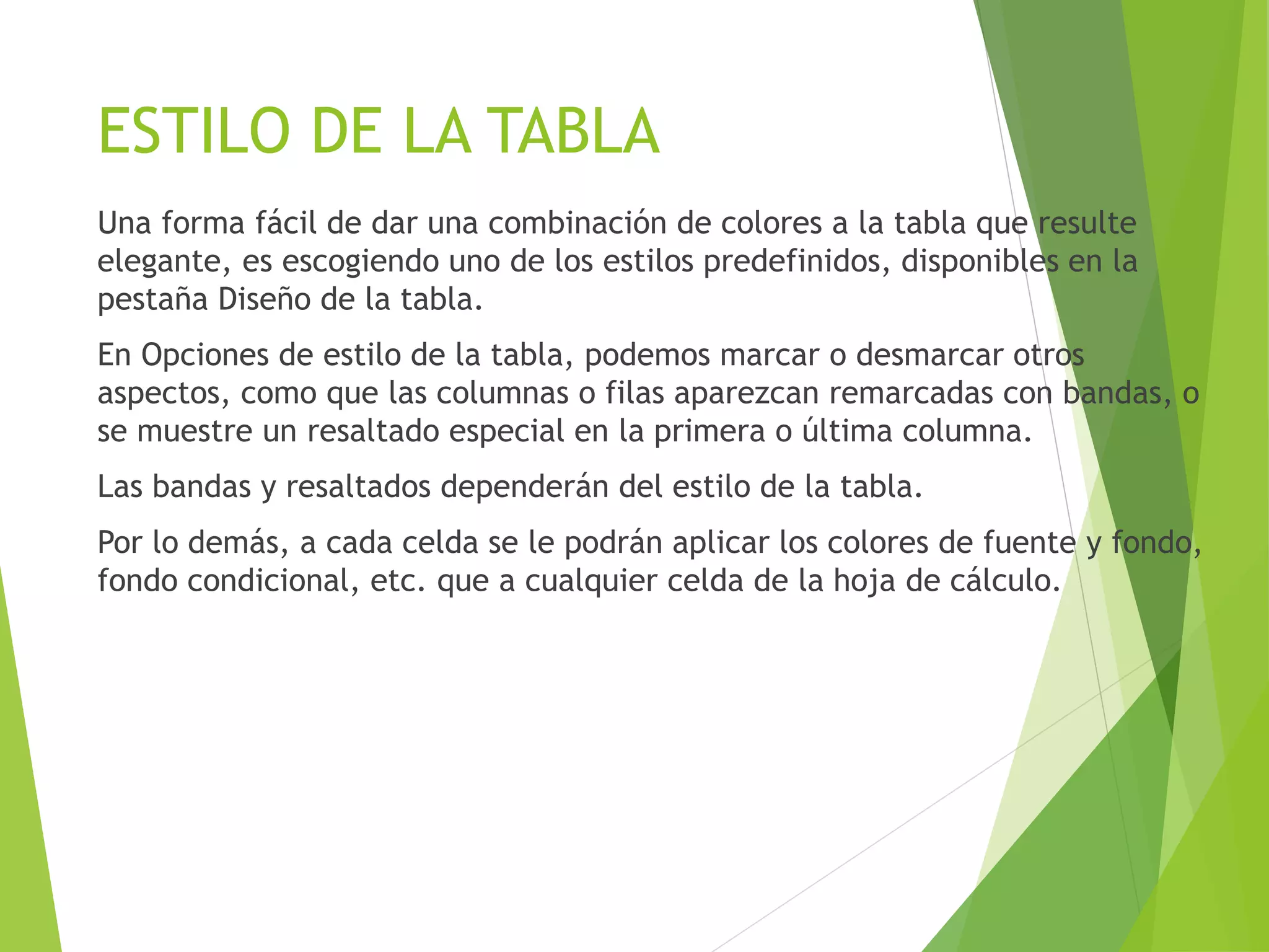 ESTILO DE LA TABLA
Una forma fácil de dar una combinación de colores a la tabla que resulte
elegante, es escogiendo uno de los estilos predefinidos, disponibles en la
pestaña Diseño de la tabla.
En Opciones de estilo de la tabla, podemos marcar o desmarcar otros
aspectos, como que las columnas o filas aparezcan remarcadas con bandas, o
se muestre un resaltado especial en la primera o última columna.
Las bandas y resaltados dependerán del estilo de la tabla.
Por lo demás, a cada celda se le podrán aplicar los colores de fuente y fondo,
fondo condicional, etc. que a cualquier celda de la hoja de cálculo.
 