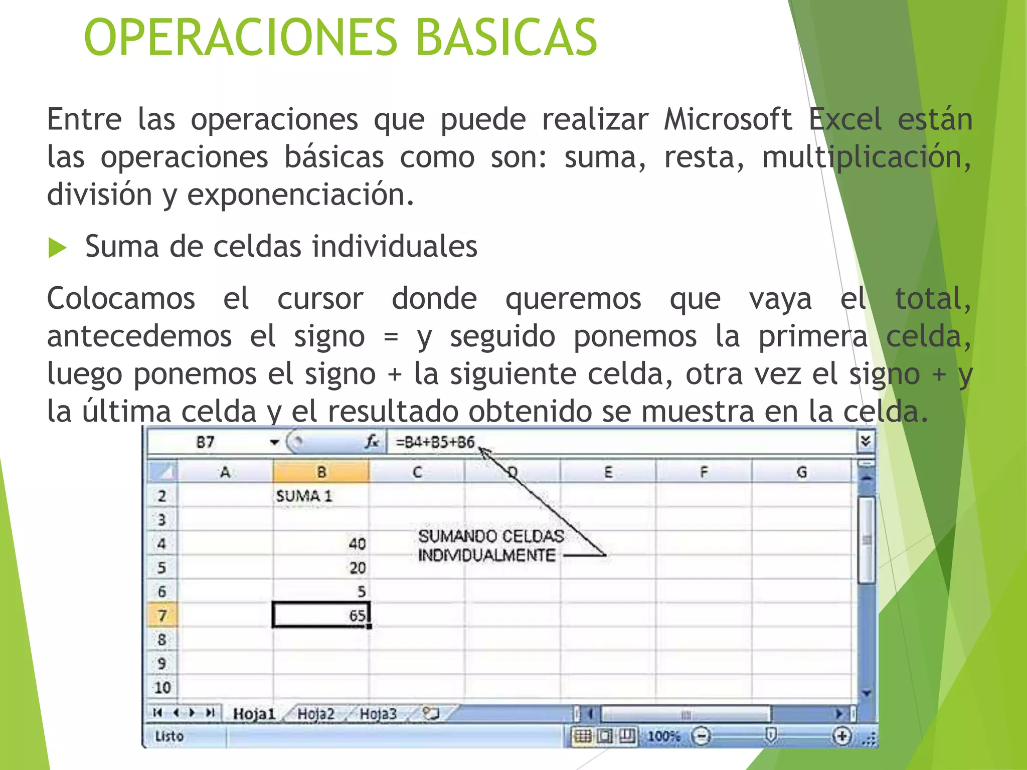 OPERACIONES BASICAS
Entre las operaciones que puede realizar Microsoft Excel están
las operaciones básicas como son: suma, resta, multiplicación,
división y exponenciación.
 Suma de celdas individuales
Colocamos el cursor donde queremos que vaya el total,
antecedemos el signo = y seguido ponemos la primera celda,
luego ponemos el signo + la siguiente celda, otra vez el signo + y
la última celda y el resultado obtenido se muestra en la celda.
 
