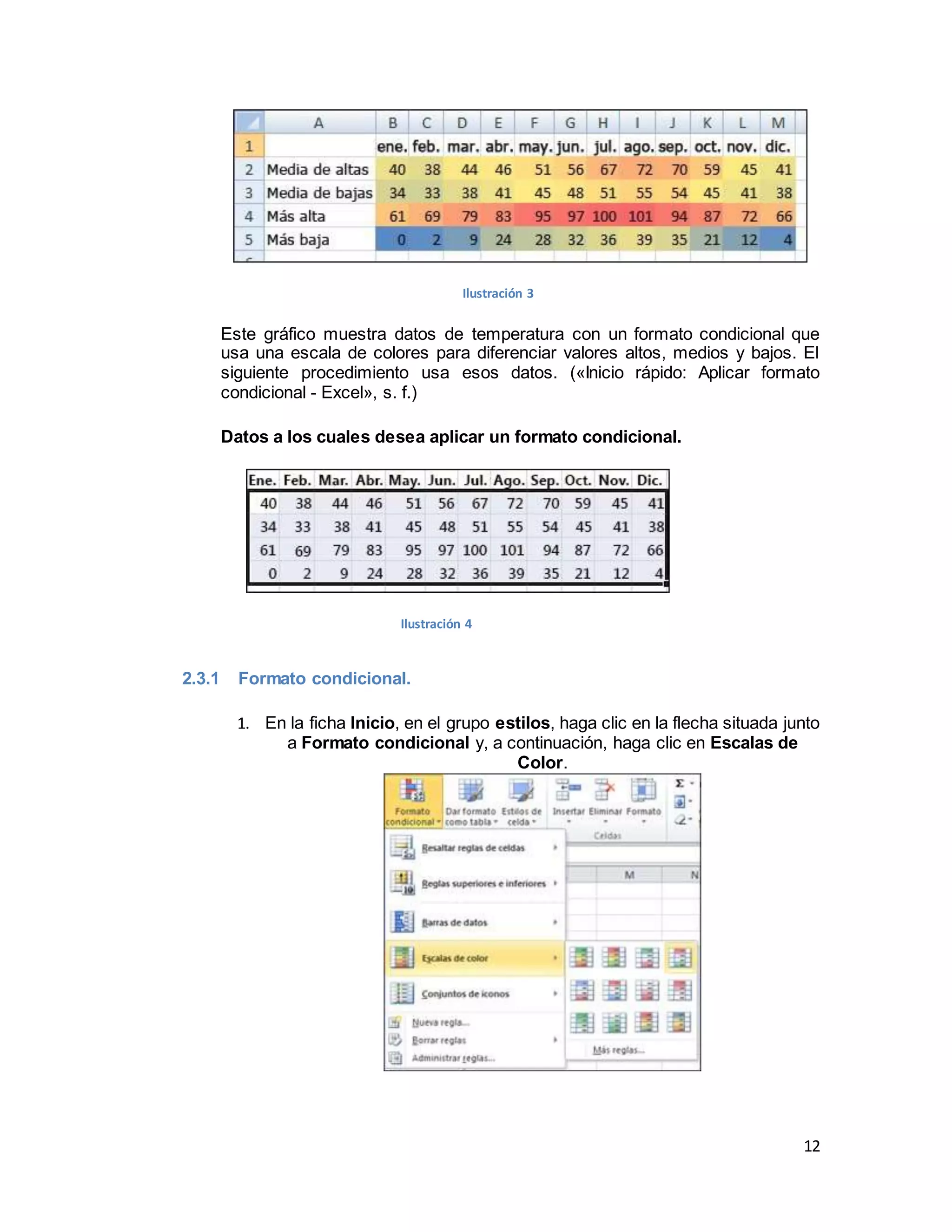 12
Ilustración 3
Este gráfico muestra datos de temperatura con un formato condicional que
usa una escala de colores para diferenciar valores altos, medios y bajos. El
siguiente procedimiento usa esos datos. («Inicio rápido: Aplicar formato
condicional - Excel», s. f.)
Datos a los cuales desea aplicar un formato condicional.
Ilustración 4
2.3.1 Formato condicional.
1. En la ficha Inicio, en el grupo estilos, haga clic en la flecha situada junto
a Formato condicional y, a continuación, haga clic en Escalas de
Color.
 