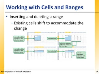 XPXPXPWorking with Cells and Ranges
• Inserting and deleting a range
–Existing cells shift to accommodate the
change
New Perspectives on Microsoft Office 2010 24
 
