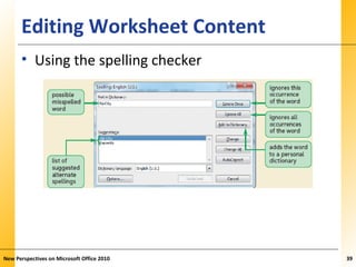 XPXPXPEditing Worksheet Content
• Using the spelling checker
New Perspectives on Microsoft Office 2010 39
 