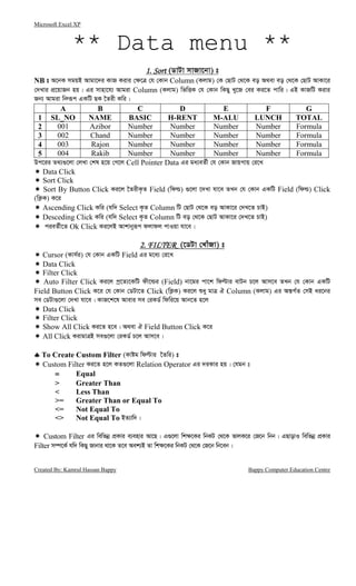 Microsoft Excel XP
Created By: Kamrul Hassan Bappy Bappy Computer Education Centre
** Data menu **
1. Sort1. Sort1. Sort1. Sort (WvUv mvRv‡bv) t
NB t A‡bK mgqB Avgv‡`i KvR Kivi †¶‡Î †h †Kvb Column (Kjvg) †K †QvU †_‡K eo A_ev eo †_‡K †QvU AvKv‡i
†`Lvi cÖ‡qvRb nq| Gi mvnv‡h¨ Avgiv Column (Kjvg) wfwËK †h †Kvb wKQy Ly‡R †ei Ki‡Z cvwi| GB KvRwU Kivi
Rb¨ Avgiv wbæiƒc GKwU QK ‰Zix Kwi|
A B C D E F G
1 SL_NO NAME BASIC H-RENT M-ALU LUNCH TOTAL
2 001 Azibor Number Number Number Number Formula
3 002 Chand Number Number Number Number Formula
4 003 Rajon Number Number Number Number Formula
5 004 Rakib Number Number Number Number Formula
Dc‡ii Z_¨¸‡jv †jLv †kl n‡q †M‡j Cell Pointer Data Gi ga¨eZ©x †h †Kvb RvqMvq †i‡L
Data Click
Sort Click
Sort By Button Click Ki‡j ‰ZixK…Z Field (wdì) ¸‡jv ‡`Lv hv‡e ZLb †h †Kvb GKwU Field (wdì) Click
(wK¬K) K‡i
Ascending Click Kwi (hw` Select K…Z Column wU †QvU †_‡K eo AvKv‡i †`L‡Z PvB)
Desceding Click Kwi (hw` Select K…Z Column wU eo †_‡K †QvU AvKv‡i †`L‡Z PvB)
cieZ©x‡Z Ok Click Ki‡jB Avkvbyiƒc djvdj cvIqv hv‡e|
2. FILTER2. FILTER2. FILTER2. FILTER (‡WUv †LvuRv) t
Cursor (Kvm©i) †h †Kvb GKwU Field Gi g‡a¨ †i‡L
Data Click
Filter Click
Auto Filter Click Ki‡j cª‡Z¨‡KwU dx‡ìi (Field) bv‡gi cv‡k wdëvi evUb P‡j Avm‡e ZLb †h †Kvb GKwU
Field Button Click K‡i †h †Kvb †WUv‡Z Click (wK¬K) Ki‡j ïay gvÎ H Column (Kjvg) Gi Aš—M©Z †mB ai‡bi
me †WUv¸‡jv †`Lv hv‡e| KvR‡k‡l Avevi me †iKW© wdwi‡q Avb‡Z n‡j
Data Click
Filter Click
Show All Click Ki‡Z n‡e| A_ev H Field Button Click K‡i
All Click KivgvÎB me¸‡jv †iKW© P‡j Avm‡e|
♣♣♣♣ To Create Custom Filter (Kvóg wdëvi ‰Zwi) t
Custom Filter Ki‡Z n‡j KZ¸‡jv Relation Operator Gi `iKvi nq| †hgb t
= Equal
> Greater Than
< Less Than
>= Greater Than or Equal To
<= Not Equal To
<> Not Equal To BZ¨vw`|
Custom Filter Gi wewfbœ cÖKvi e¨envi Av‡Q| G¸‡jv wk¶‡Ki wbKU †_‡K fvjK‡i †R‡b wbb| GQvovI wewfbœ cÖKvi
Filter m¤ú‡K© hw` wKQy Rvbvi _v‡K Z‡e Aek¨B Zv wk¶‡Ki wbKU †_‡K †R‡b wb‡eb|
 