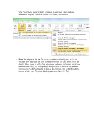 ficha Presentación pulsar el botón Líneas de la cuadrícula y para cada eje
seleccionar la opción Líneas de división principales y secundarias.
 Mover las etiquetas del eje. De manera predeterminada el gráfico tendrá las
etiquetas a un lado cada eje, pero si deseas moverlas por fuera de las líneas de
división debes pulsar el botón Ejes, seleccionar cualquiera de los ejes primarios y
posteriormente la opción Más opciones del eje que es la última de las opciones
del menú. Se mostrará el cuadro de diálogo Dar formato a eje en donde deberás
cambiar el valor para Etiquetas del eje y seleccionar la opción Bajo.
 