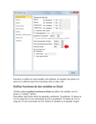Para tener un gráfico de mayor exactitud será suficiente con agregar más valores a la
columna A y además reducir los incrementos entre un valor y otro.
Graficar funciones de dos variables en Excel
También podemos graficar funciones en Excel que utilicen dos variables como la
función Z = COS(X) * SEN(Y).
Para graficar esta función tendré las siguientes condiciones: Se graficarán 16 valores de
X en un rango de 0 a 3 con incrementos de 0.20 y se graficarán 16 valores de Y en un
rango de 2 a 5 con incrementos de 0.20. Observa el resultado en la siguiente imagen:
 
