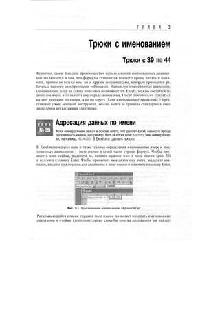 Г Л А В А 3
Трюки с именованием
Трюки с 39 по 44
Вероятно, самое большое преимущество использования именованных диапазо-
нов заключается в том, что формулы становится намного проще читать и пони-
мать, причем не только вам, но и другим пользователям, которым приходится ра-
ботать с вашими электронными таблицами. Используя именованные диапазоны
(несомненно, одну из самых полезных возможностей Excel), можно сослаться на
диапазон ячеек и назначить ему определенное имя. После этого можно ссылаться
на этот диапазон по имени, а не по адресу. Хотя именованные диапазоны и пред-
ставляют собой мощный инструмент, можно выйти за границы стандартных имен
диапазонов несколькими способами.
Т Р Ю К
№39
Адресация данных по имени
Хотя номера ячеек лежат в основе всего, что делает Excel, намного проще
запоминать имена, например, Item Number или Quantity, чем номера яче-
ек, например, А1:А100, В Excel это сделать просто.
В Excel используется одна и та же техника определения именованных ячеек и име-
нованных диапазонов — поле имени в левой части строки формул. Чтобы при-
своить имя ячейке, выделите ее, введите нужное имя в поле имени (рис. 3.1)
и нажмите клавишу Enter. Чтобы присвоить имя диапазону ячеек, выделите диа-
пазон, введите нужное имя для диапазона в поле имени и нажмите клавишу Enter.
ТЩЯЗЙЕЗ
FavoriteCell 1000000
I $1.000,000
Рис. 3.1. Присваивание ячейке имени MyFavoriteCell
Раскрывающийся список справа в поле имени позволяет находить именованные
диапазоны и ячейки (дополнительные способы поиска диапазонов вы найдете
 