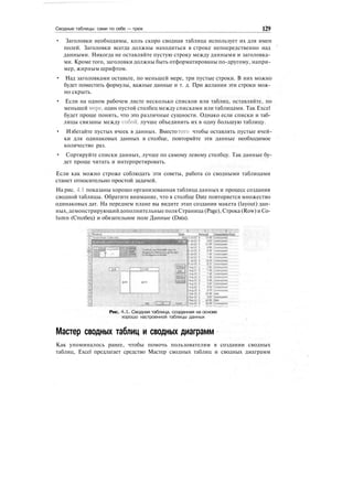 Сводные таблицы: сами по себе — трюк 129
• Заголовки необходимы, коль скоро сводная таблица использует их для имен
полей. Заголовки всегда должны находиться в строке непосредственно над
данными. Никогда не оставляйте пустую строку между данными и заголовка-
ми. Кроме того, заголовки должны быть отформатированы по-другому, напри-
мер, жирным шрифтом.
• Над заголовками оставьте, по меньшей мере, три пустые строки. В них можно
будет поместить формулы, важные данные и т. д. При желании эти строки мож-
но скрыть.
• Если на одном рабочем листе несколько списков или таблиц, оставляйте, по
меньшей мере, один пустой столбец между списками или таблицами. Так Excel
будет проще понять, что это различные сущности. Однако если списки и таб-
лицы связаны между собой, лучше объединить их в одну большую таблицу.
• Избегайте пустых ячеек в данных. Вместо того чтобы оставлять пустые ячей-
ки для одинаковых данных в столбце, повторяйте эти данные необходимое
количество раз.
• Сортируйте списки данных, лучше по самому левому столбцу. Так данные бу-
дет проще читать и интерпретировать.
Если как можно строже соблюдать эти советы, работа со сводными таблицами
станет относительно простой задачей.
На рис. 4.1 показаны хорошо организованная таблица данных и процесс создания
сводной таблицы. Обратите внимание, что в столбце Date повторяется множество
одинаковых дат. На переднем плане вы видите этап создания макета (layout) дан-
ных,демонстрирующийдополнительныеполяСтраница (Page),Строка (Row)и Co-
lumn (Столбец) и обязательное поле Данные (Data).
Рис. 4.1. Сводная таблица, созданная на основе
хорошо настроенной таблицы данных
Мастер сводных таблиц и сводных диаграмм
Как упоминалось ранее, чтобы помочь пользователям в создании сводных
таблиц, Excel предлагает средство Мастер сводных таблиц и сводных диаграмм
 