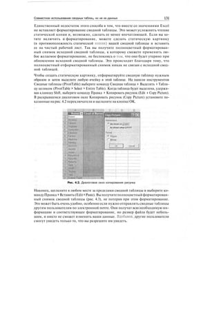 Совместное использование сводных таблиц, но не их данных 131
Единственный недостаток этого способа в том, что вместе со значениями Excel
не вставляет форматирование сводной таблицы. Это может усложнить чтение
статической копии и, возможно, сделать ее менее впечатляющей. Если вы хо-
тите включить и форматирование, можете сделать статическую картинку
(в противоположность статической копии) вашей сводной таблицы и вставить
ее на чистый рабочий лист. Так вы получите полноцветный форматирован-
ный снимок исходной сводной таблицы, к которому сможете применить лю-
бое желаемое форматирование, не беспокоясь о том, что оно будет утеряно при
обновлении исходной сводной таблицы. Это происходит благодаря тому, что
полноцветный отформатированный снимок никак не связан с исходной свод-
ной таблицей.
Чтобы создать статическую картинку, отформатируйте сводную таблицу нужным
образом и затем выделите любую ячейку в этой таблице. На панели инструментов
Сводные таблицы (PivotTable) выберите команду Сводная таблица > Выделить > Табли-
цу целиком (PivotTable > Select > Entire Table). Когда таблица будет выделена, удержи-
вая клавишу Shift, выберите команду Правка > Копировать рисунок (Edit > Copy Picture).
В раскрывшемся диалоговом окне Копировать рисунок (Copy Picture) установите по-
казанные на рис. 4.2 переключатели и щелкните на кнопке ОК.
Appearance,Ч;-
[As shown on
* As shown when erinted
Рис. 4.2. Диалоговое окно копирования рисунка
Наконец, щелкните в любом месте за пределами сводной таблицы и выберите ко-
мандуПравка * Вставить(Edit > Paste). Выполучитеполноцветныйформатирован-
ный снимок сводной таблицы (рис. 4.3), не потеряв при этом форматирование.
Это может быть очень удобно, особенно если нужно отправлять сводные таблицы
другим пользователям по электронной почте. Они получат всю необходимую ин-
формацию и соответствующее форматирование, но размер файла будет неболь-
шим, и никто не сможет изменить ваши данные. Вдобавок, другие пользователи
смогут увидеть только то, что вы разрешите им увидеть.
 