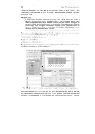 144 Глава 5. Трюки с диаграммами
Обратите внимание, что сразу же за аргументом СЧЁТЗ (COUNTA) стоит -1. Это
гарантирует, что заголовок не будет включен в именованный диапазон для опре-
деленного ряда.
ПРИМЕЧАНИЕ -
В этом примере в качестве аргумента функции COUNTA (СЧЁТЗ) указан весь столбец А
($А:$А), В ранних версиях Excel лучше ограничивать его намного меньшей группой ячеек,
чтобы не перегружать вычисления. Другими словами, указывая диапазон полностью, вы
заставляете Excel просматривать тысячи ненужных ячеек. Некоторые функции Excel до-
статочно умны, чтобы определить, какие ячейки содержат данные, некоторые сделать это
не могут. В новых версиях Excel не обязательно строго ограничивать диапазон, так как
обработка больших диапазонов в них улучшена.
Затем для температурных данных столбца В настройте еще один динамический
диапазон с именем TEMP_READINGS, указав формулу
=OFFSET($B$2.0,0,COUNTA($B:$B)-1.1)
В русской версии Excel
=СМЕЩ($В$2.0,0,СЧЁТЗ($В:$В)-1,1)
Теперь можно создать диаграмму, используя созданные динамические именован-
ные диапазоны вместо ссылок на ячейки.
Edit %ит Insta
AI Dat
Dates 1 егпреи|Йе
Iff pip
•щ
Г..•! <•>•,№'
I
§
!
|
|
|
1
n
1
1
12 i
1
Ь
16
'=
Cata.Rartg
•Category(X)axislabels: V
: :;:
. ;•j-Sheet1!TEMP_DATES|
Рис. 5.8. Динамические именованные диапазоны вместо статических ссылок на диапазоны
Выделите данные (диапазон $А$1:$В$11), затем на стандартной панели инстру-
ментов щелкните кнопку Мастер диаграмм (Chart Wizard). На первом шаге мастера
выберите тип диаграммы (в этом примере мы используем гистограмму) и щелк-
 