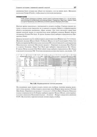 Создание гистограмм с переменной шириной и высотой 157
диаграмма будет создана как объект на текущем, а не на новом листе. Щелкните
на кнопке Готово (Finish), чтобы увидеть точечную диаграмму.
ПРИМЕЧАНИЕ
Чтобы увидеть формулы в ячейках, можно нажать сочетание клавиш Ctrl+~ (то же сочета-
ниеиспользуетсянаMacintosh) иликомандуСервис > Параметры > Вид(Tools » Options >View)
и в группе Параметры окна (Window) установить флажок Формулы (Formulas).
Настало время повозиться с диаграммой и создать столбцы. Сначала удалите ле-
генду и линии сетки (выделите их и нажмите клавишу Delete) и отформатируйте
область построения диаграммы, убрав заливку. Для этого щелкните серый фон
правой кнопкой мыши и в контекстном меню выберите команду Формат области
построения (Format Plot Area). В группе Заливка (Area) выберите переключатель Про-
зрачная (None).
Дважды щелкните ось X, чтобы открыть диалоговое окно Формат оси (Format Axis).
Щелкните вкладку Шкала (Scale). В области Шкала по оси X (категорий) (Value Axis
Scale)дляпараметраМинимальноезначение(Minimum)введите0,адляпараметра
Максимальное значение (Maximum) введите 1. Перейдите на вкладку Вид (Pattern)
и в группе Основные (Major Tick Mark type) выберите переключатель Нет (None).
В группе Метки делений (Tick Mark Labels) также выберите переключатель Нет (None)
и щелкните на кнопке ОК. Точечная диаграмма должна выглядеть, как на рис. 5.25.
i : f A i В •'"•' Г С
:
Г D
:
i Ё •
:
F V
:
'G r H ' " : . ' ( . - ; • : : J i ; К ..
[ 1 :1 Variable Width Cofumos'
I 2 : %Share Cost {£)
! 3JGas
i 4. jElectricity
[ 5 jWater
Г E iFood
j 7 llravel
j'J iOther
i in ': 1U i
nY
i 12 i
! 13 i
f14 :
i 15 j
ill-
i ;;. •
0.2 150
0.15 112.5
0.12 90
0.3 225
0.07 52.5
0.16 120
X У
0 =C3
=B3+D2 =C3
=B4+D3 =C4
=B5+D4 =CS
=B6+D5 =C6
=B7+D6 =C7
-B8+D7 =C8
Top
=D3-D2
=D4-D3
=D5-D4
=D6-D5
=D7-DB
=D8-D7
OOWM Up
=E2 =C3-E2
=E3 =C4-B
=-t:4 =C5-E4
=£5 -C6-E5
=£6 =C7-E6
-f:7 =CB.I:7
=E8 f
1 ' i ( - „ ( v i- -u; i 1 v | ' • • - ' ( IT>,<.,:<>•;,.-,<r.«. I uC-i.e-.J».,'!-, > j >.",<
»)с'!
..аь
.|-;', re.;
=C(P3.Q2j,'7nU2 0 =P3
=([D4-D'JV'2)
+
t
(
3 0
:
'.: =B4 ; : .
:
'
-((DS-D4V2itD4 0 . .. || =B5
=((PE-ОЬЙ№6 0 j|| --B6 . |Ш
=((D7-D6).'2H06 Q . . . »B7.. . :
-((1Л-ПЛ.'2'и07 D =H8 "-. "•:•
200 •
S 150 •
и100•
50 -
0 •
»
>
•
*
i | i
| f ;
j i :
 :'
Рис. 5.25. Модифицированная точечная диаграмма
На следующем шаге нужно создать линии для столбцов, поэтому дважды щелк-
ните точку данных, чтобы открыть диалоговое окно Формат ряда данных (Format
Data Series). Перейдите на вкладку Х-погрешности (X Error Bars). В группе Показать
планки погрешностей по X (Display) выберите вариант Минус (Minus), затем перейди-
те в поле диапазона Пользовательская: - (Custom: - Range) и выделите диапазон
F2:F8. Вы получите горизонтальную линию сверху столбца.
 