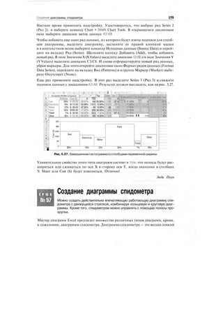 Создание диаграммы спидометра 159
Настало время применить надстройку. Удостоверьтесь, что выбран ряд Series 2
(Ряд 2), и выберите команду Chart > JWalk Chart Tools. В открывшемся диалоговом
окне выберите диапазон меток данных КЗ:К8.
Чтобы добавить еще один ряд данных, из которого будут взяты подписи для столб-
цов диаграммы, выделите диаграмму, щелкните ее правой кнопкой мыши
и в контекстном меню выберите команду Исходные данные (Source Data) и перей-
дите на вкладку Ряд (Series). Щелкните кнопку Добавить (Add), чтобы добавить
новый ряд. В поле Значения X (X Values) выделитедиапазон 13:18, а в полеЗначения Y
(Y Values) выделите диапазон СЗ:С8. И снова отформатируйте новый ряд данных,
убрав маркеры. Для этого откройте диалоговое окно Формат рядов данных (Format
Data Series), перейдите на вкладку Вид (Patterns) и в группе Маркер (Marker) выбе-
рите Отсутствует (None).
Еще раз примените надстройку. В этот раз выделите Series 3 (Ряд 3) и свяжите
подписи данных с диапазоном АЗ:А8. Результат должен выглядеть, как на рис. 5.27.
:
1 i Variable Width Coiumas
2 %Share Cost(£)
'jijclectricity
:
^;Food
:"7[:
1Travel
Ш Other
9 :
ILH
IT
ША
J4 ;
'15;
16 ]
jf
i
250
200
3 150
$ 100
50
0
20% $150.00
15% $112.50
12% $ 90.03
30% $225.00
7% $ 52.50
16% $120.00
x"i'
;
"~'Y""'"•'
;o 150:
20'.Ю% 150
35.00% 112.5
47.00% 90
77,Ю% 225
84^00% 52.5
100:00% 120
Top
20.00%
15.00%
12.00%
30.00%
7.00%
16.00%
В | n
l:vt" ! ifi
1Щ 0
:№ -37 6
112.5 -225
90 13b
52 5 _ ID? 5
Gas
Electricity
20% 15%
Water
.•:~4:-.M •"•'•" .! |<
i tc «% |i! о
!У,'{Ш, I |t|| '
-;oo% I I ' 0
Food
Other
Travel
12% 30% 7% 16%
15%
Рис.5.27.Завершеннаягистограммасостолбцамипеременнойширины
Удивительное свойство этого типа диаграмм состоит в том, что полосы будут рас-
ширяться или сжиматься по оси X в сторону оси Y, когда значения в столбцах
% Share или Cost ($) будут изменяться, Отлично!
Энди Поуп
Т Р Ю К
№57
Создание диаграммы спидометра
Можно создать действительно впечатляющую работающую диаграмму спи-
дометра с движущейся стрелкой, комбинируя кольцевую и круговую диаг-
раммы. Кроме того, спидометром можно управлять с помощью полосы про-
крутки.
Мастер диаграмм Excel предлагает множество различных типов диаграмм, кроме,
к сожалению, диаграммы спидометра. Диаграмма спидометра — это весьма ловкий
 
