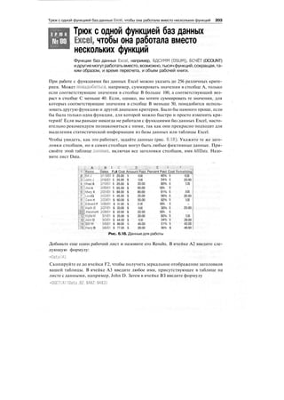 Т Р Ю К
№80
Трюк с одной функцией баз данных Excel, чтобы она работала вместо нескольких функций 203
Трюк с одной функцией баз данных
Excel, чтобы она работала вместо
нескольких функций
Функции баз данных Excel, например, БДСУММ (DSUM), БСЧЁТ (DCOUNT)
идругиемогутработатьвместо,возможно,тысячфункций,сокращая,та-
ким образом, и время пересчета, и объем рабочей книги.
При работе с функциями баз данных Excel можно указать до 256 различных крите-
риев. Может понадобиться, например, суммировать значения в столбце А, только
если соответствующие значения в столбце В больше 100, а соответствующий воз-
раст в столбце С меньше 40. Если, однако, вы хотите суммировать те значения, для
которых соответствующие значения в столбце В меньше 50, понадобится исполь-
зовать другую функцию и другой диапазон критерия. Было бы намного проще, если
бы была только одна функция, для которой можно быстро и просто изменить кри-
терий! Если вы раньше никогда не работали с функциями баз данных Excel, насто-
ятельно рекомендуем познакомиться с ними, так как они прекрасно подходят для
выделения статистической информации из базы данных или таблицы Excel.
Чтобы увидеть, как это работает, задайте данные (рис. 6.18). Укажите те же заго-
ловки столбцов, но в самих столбцах могут быть любые фиктивные данные. При-
свойте этой таблице данных, включая все заголовки столбцов, имя AIIData. Назо-
вите лист Data.
', :| А
l'""Na"me
2 jBillJ
3'ljohnJ
4 1 Fred В
SHJoe H
ЁММагу К
f'llisaG
8"'! Dave H
9JEdward F
IQIKeithB
jjjAleishaH
12;|Kylie M
13 Uonn D
iTlBillW
ISjHarry В
В 1 'С i D V
Dates Full Cost Amount Paid
2/1 5Я1
2/16/01
2/19/01
2/20/01
2/21/01
2/22/01
25.00 t
35.00 $
25.00 $
65.00 $
88.00 $
45.00 $
2/23/01 $ 60.00 $
2/26/01 $ 21.00 $
2/27/01 $ 33.00 $
2/28/01 $ 22.00 $
3/1/01 $ 25.00 $
3/2/01 $ 44.00 $
3/5/01 $ 88.00 5
3/Б/01 $ 77.00 $
10.00
12.00
20.00
65.00
80.00
25.00
55.00
21.00
10.00
22.00
20.00
15.00
45.00
28.00
. E
:. | . . f : :J
Percent Paid Cost Remaining
40%
34%
80%
100%
91%
56%
92%
100%
30%
100%
80%
34%
51%
15.00
23.00
5.00
8.00
20.00
5.00
.
23.00
5.00
29.00
43.00
36% $ 49.00
Рис. 6.18. Данные для работы
Добавьте еще один рабочий лист и назовите его Results. В ячейке А2 введите сле-
дующую формулу:
=Data!Al
Скопируйте ее до ячейки F2, чтобы получить зеркальное отображение заголовков
вашей таблицы. В ячейке A3 введите любое имя, присутствующее в таблице на
листе с данными, например, John D. Затем в ячейке ВЗ введите формулу
=DGET(A11Data.В2.$А$2:$А$3)
 
