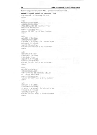 236 Глава 8. Соединение Excel с остальным миром
Начнем с простого документа XML, приведенного в листинге 8.1.
Листинг 8.1. Простой документ XML для анализа в Excel
<?xml version-"!.0" encoding-"UTF-8"?>
<sales>
<sale>
<date>2003-10-05</date>
<ISBN>0596005385</ISBN>
<T1tle>Off1ce 2003 XML Essentia1s</Title>
<Pr1ceUS>34.95</PriceUS>
<quantity>200</quantity>
<customer IO="1025">Zork's Books</customer>
</sale>
<sale>
<date>2003-10-05</date>
<ISBN>0596002920</ISBN>
<Title>XML in a Nutshell. 2nd Edition</T1tle>
<PriceUS>39.95<7PricellS>
<quantity>90</quantity>
<customer ID="1025">Zork's Books</customer>
</sa1e>
<sale>
<date>2003-10-05</date>
<ISBN>0596002378</ISBN>
<Title>SAX2</Title>
<PriceUS>29.95</PriceUS>
<quantity>300</quantity>
<customer ID="1025">Zork's Books</customer>
</sale>
<sale>
<date>2003-10-05</date>
<ISBN>0596005385</ISBN>
<Title>Office 2003 XML Essentials</Title>
<Pr i ceUS>34.95</Pri ceUS>
<quantity>10</quantity>
<customer ID="1029">Books of Glory</customer>
</sale>
<sale>
<date>2003-10-05</date>
<ISBN>0596002920</ISBN>
<Title>XML in a Nutshell, 2nd Edition</Title>
<PriceUS>39.95</PriceUS>
<quanti ty>25</quanti ty>
<customer ID="1029">Books of Glory</customer>
</sale>
 