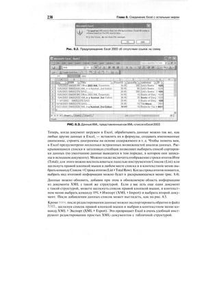 238 Глава 8. Соединение Excel с остальным миром
Microsoft Cxcel
^he specif ted ^ML soijrce does not refer to e sch^nta. Excel will create a
schemabased on ths X№ source data.
О In the future, do not show this message.
Рис. 8.2. Предупреждение Excel 2003 об отсутствии ссылок на схему
10j6/20p3j 596005335;Office 2003 XML Essentials
si^^ .......
tJPileeUS [rji4«j>|iti»y.(Vjcus»onier ЩШ [»
34.95!' "
10/5/2003 :59600292g;XML in a Nutshell, 2nd Edition
1 0/7/2003 1 596p02378lSAX2
10/18СрОЗ!59Ш237|!5АХ2.......
хМ1- in a Nutshell, 2nd Edition
39.95T
29^95]
39.95!
200;Zork;s B o o k s i 1025
SOjZork's Books
SppiZork's Books ! 1025
10jBo_oks'bf Glory"] 1029
25 i Books of Glory [102S
iSIBqpks of Glory'•: 1029
JSJTitle Wave 12561
""isiBooks for'You'1 9021
""ii'"V""wSheetl -. . . . . -
РИС.8.З.ДанныеXML,представленныекакXML-списоквExcel2003
Теперь, когда документ загружен в Excel, обрабатывать данные можно так же, как
любые другие данные в Excel, — вставлять их в формулы, создавать именованные
диапазоны, строить диаграммы на основе содержимого и т. д. Чтобы помочь вам,
в Excel предусмотрено несколько встроенных возможностей анализа данных. Рас-
крывающиеся списки в заголовках столбцов позволяют выбирать способ сортиров-
ки данных (по умолчанию данные выводятся в том порядке, в котором они записа-
ны в исходномдокументе). Можнотакжевключитьотображениестроки итогов Итог
(Total); для этого можно воспользоваться панелью инструментов Список (List) или
щелкнуть правой кнопкой мыши в любом месте списка и в контекстном меню вы-
братькомандуСписок > Строкаитогов(List > TotalRow). Когдастрокаитогов появится,
выбрать вид итоговой информации можно будет в раскрывающемся меню (рис. 8.4).
Данные можно обновить, добавив при этом в обновляемую область информацию
из документа XML с такой же структурой. Если у вас есть еще один документ
с такой структурой, можете щелкнуть список правой кнопкой мыши, в контекст-
ном меню выбрать команду XML > Импорт (XML > Import) и выбрать второй доку-
мент. После добавления данных список может выглядеть, как на рис. 8.5.
Кроме того, после редактирования данные можно экспортировать обратно в файл
XML, щелкнув список правой кнопкой мыши и выбрав в контекстном меню ко-
манду XML > Экспорт (XML > Export). Это превращает Excel в очень удобный инст-
румент редактирования простых XML-документов с табличной структурой.
 