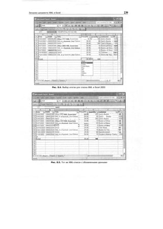 Загрузка документа XML в Excel 239
date LrjJSBN Щпм
1Ш5ШЗЗ i5960(K395iOffice 21303 XML Essentials
10/5/2003 i 596g0292p]!<ML in a Nutshell, 2nd Edition
' ......
PriceUS [^.quantity
....... 34195! .........
39:95]
customer
" '
596005385 Office 2003 XML Essentials
10/7/2003 1 566002320iXML in a Nutshell, 2nd Edition
jg/7/2003'i596002378]SAX2......
1'0/18/2ШЗ 1596002378JSAX2" "
10/21/2003 ?59ОТ2920|ХМ1 in a Nutshell, 2nd Edition
""34.95"
39^951'"
39.95;
!P UL
2uTJ,Zork
;
s"Bo'pks И025
9g!zork's Books i 1025
|о|Й'Вро"|<8......
Г
1025
10;Books of eioryl' 1029
2SiBooks of Glory И029
£['Iooks pfGJprj'TlCCg
IBijitie WOTS ......... " 2561
15! Books for You =9021
.. • ' ' " !• V.: i
Ready
Рис. 8.4. Выбор итогов для списка XML в Excel 2003
C7 SAX2
В
10/5/2003
10/5/2003
1рйДООЗ"'
1Ш7Йрр'з"
10/7/2003
10/7ДООЗ"
10/18/2003
10/21/2003
п/рШйз
11^/2003
*
Total
;59ббЬ5385'01се"2003 XML Essentials"
! 596002920iXMLln a Nutshell, 2nd Edition
' '. . . . . . .
PrlceUS Ц quantity [«j customer
. . . . . . .. . . . . . . . . ." '
596005385: Office 2003 XML Essentials
596002920"XML in a Nutshell. 2nd Edition
5960b"2378|SAX2 "|
596002378-SAX2
'5960p292aXML in a'Nutshell, 2nd^Edition
5960g'2378"SAX2
:596p02920:XML in a'Nutshell, 2nd Edition
34.95!
3935!
"29L95I'
"34"95j"
39.95.1
'"2935Г
2935Г
39.95J
29:95'!'
200iZork's Books
IMjZorki .Books .millj
300;Zork's Books
ibiBooks ofGipry
25]Books of Glory
SjBooks of Glory
13!Шш?!у^*?""'" ..I'lI'I'I
iSIBooks for You
65!Spronkrneister
l^pryden^s jyiarkup Ppetry
1025
Ш.
ШХ
1029
1029
'1029
2561
9021
"1543
1783
34.951 740!
V
*'''»»sheetl/Sheet2;;f Sheets/ >.
Ready
Рис. 8.5. Тот же XML-список с обновленными данными
 