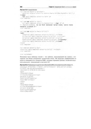252 Глава 8. Соединение Excel с остальным миром
Листинг 8.4 (продолжение)
<xsl: template match="ss:Worksheet">
<date><xsl:value-of select="ss:Table/ss:Row/ss:Cell[@ss:StyleID = 's21']" /
></date>
<xsl :apply-templates select="ss:Table" />
</xsl:tempiate>
<xsl:tempi ate match="ss:Table">
<xsl:apply-templates select="ss:Row[position( ) &gt: 2]" />
<!--Обратите внимание, так как Excel пропускает пустую строку, третья строка
находится в позиции 2-->
</xsl:template>
<xsl:tempi ate match="ss:Row[ss:Cell[4]]">
<sale>
<IDnum><xsl:apply-templates select="ss:Cell[l]" /></IDnum>
<cr1tter><xsl:apply-temp1ates select="ss:Cell[2]" /></critter>
<price><xsl:apply-templates select="ss:Cell[3]" /></pr1ce>
<quant1ty><xsl:apply-templates select="ss:Cell[4]" /></quantity>
<total><xsl:apply-templates select="ss:Cell[5]" /></total>
</sale>
</xsl:tempiate>
<xsl template match="ss:Row">
<total><xsl:apply-templates select="ss:Cell[2]" /></total>
</xs1:tempiate>
</xsl:stylesheet>
Основная часть таблицы стилей — это шаблон, описывающий все строки, с че-
тырьмя или более дочерними элементами ячеек. Он выделяет информацию из
ячеек и помещает ее в элементы XML, которые отражают данные, позволяя полу-
чить результат, показанный в листинге 8.5.
Листинг8.5.Информация,выделеннаяизSpreadsheetMLвпользовательскийсловарьXML
<dinosaurs xmlns-"http://simonstl.com/ns/dinosaurs/" xmlns:ss-"urn:schemes-
microsoft-com:off-Ice:spreadsheet'^
<date>2004-01-01TOO:00:00.000</date>
<sale>
<IDnum>4627</IDnum>
<critter>Diplodocus</cr1tter>
<price>22.5</pr1ce>
<quantity>!27</quant1ty>
<total>2857.5</tota1>
</sale>
<sale>
<IDnum>3912</IDnum>
<crltter>Brontosaurus</cr1tter>
<рг1се>17.5</рп'се>
<quantity>74</quant1ty>
<total>1295</total>
 