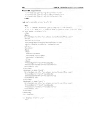 256 Глава 8. Соединение Excel с остальным миром
Листинг 8.6 (продолжение)
<Cell><Data ss:Type="String">Price</Data></Cell>
<Cell><Data ss:Type="String">Quantity</Data></Cen>
<Cell><Data ss:Type="String">Tota1</Data></Cell>
</Row>
<xsl :apply-templates select="d:sale" />
<Row>
<Cell ss:Index="4"><Data ss:Type="String">Total:</Data></CeTI>
<CeTl ss:Style!D="s22" ss:Formula="=SUM(R[-{count(d:sa]e)}]C:R[-l]C)"><Data
ss:Type="Number"></Data></Cell>
</Row>
</Table>
<WorksheetOpt1ons xmlns="urn:schemes-microsoft-corn:office:excel">
<Print>
<ValidPrinterInfo/>
<HorizontalResolution>600</HorizontalResolution>
<VerticalResolution>600</VerticalResolution>
</Print>
<Selected/>
<Panes>
<Pane>
<Number>3</Number>
<ActiveRow>12</ActiveRow>
' <ActiveCol>l</ActiveCol>
</Pane>
</Panes>
<ProtectObjects>False</ProtectObjects>
<ProtectScenarios>False</ProtectScenarios>
</WorksheetOptions>
</Worksheet>
Worksheet ss:Name="Sheet2">
<WorksheetOptions xmlns="urn:schemas-microsoft-corn:office:excel">
<ProtectObjects>Fa1se</ProtectObjects>
<ProtectScena ri os>False</ProtectScenari os>
</WorksheetOptions>
</Worksheet>
<Worksheet ss:Name="Sheet3">
<WorksheetOptions xmlns="urn:schemas-microsoft-com:office:excel">
<ProtectObjects>False</ProtectObjects>
<ProtectScenarios>False</ProtectScenarios>
</WorksheetOptions>
</Worksheet>
</Workbook>
</xsl:tempiate>
<xsl:template match="d:sale">
<Row>
 