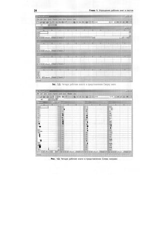 24 Глава 1. Упрощение рабочих книг и листов
:...H..;..;,,;:..,..;,:!..,..,...J....:.:.J
ъ i
! _.j
•
2 :
i
КЗ Microsoft tucel
Be gifti Vit-w jnasrl E-iU ffimdow
A1
|P ^ »
"I
, * in
Рис. 1.2. Четыре рабочие книги в представлении Сверху вниз
4 "
n
ti
7
:
'8
I
i
•
Щ
13
1
1
1
It'
т
i
itpi i ш|<:< t.i>!Nsbeej<ji jJ,(~J
1
|
4
i
e
1
i
i
17
1
3;
I
i
i
7
1
1
i
1
1
13
14
Ш
g
I
1
J
||
3 ;
4
:
5":
6 i
7 :
8
щ
И
I
Д
il
.1^
:
IS :
Щ
17.:
Щ
19
Щ
21
Рис. 1.3. Четыре рабочие книги в представлении Слева направо
 