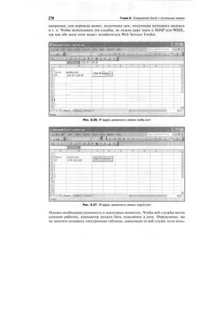 270 Глава 8. Соединение Excel с остальным миром
например, для перевода валют, получения цен, получения почтового индекса
и т. п. Чтобы использовать эти службы, не нужно даже знать о SOAP или WSDL,
так как обо всем этом может позаботиться Web Services Toolkit.
18.201 .239.36
2 IName: jqreilly.com
ЩЖЗ Г.Ж||:ЖЖЖ
^1 
jLirillZlIIIIIIII'
"a'T"
'9"1 1
To]"
л]
'J2'j....
Ready
t ,_,..".,.,. ...,.,...,.* ] "
! Get IP Address I
i шша
Рис. 8.26. IP-адрес доменного имени oreilly.com
S3 Microsoft f xcel - wsTest.xb
e* .•!*•* in»»;: :feU
;IBii
4 j
"б"1"
7T
и9 j
'To]"
ill.
ТзТ"
Ready;;
Рис. 8.27. IP-адрес доменного имени ozgrid.com
Однако необходимо упомянуть о некоторых моментах. Чтобы веб-службы могли
успешно работать, компьютер должен быть подключен к сети. Определенно, вы
не захотите создавать электронные таблицы, зависящие от веб-служб, если поль-
 