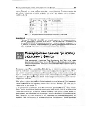 Манипулирование данными при помощи расширенного фильтра 87
числа. Каждый раз когда вы будете щелкать кнопку, данные будут сортироваться
случайным образом и вы сможете просто прочитать три верхних имени победите-
лей(рис. 2.13).
'Т
2
Т
4
5
|
•
г
и
9
10
J..: I
] Name ;
pave
jpaui
iAnne
; Gemma :
| Peter
iFred
JNigisi
Bill
.jJill
:C [.
Age 
21i
19!"
23'!'
30i
52!
зоТ
'36!
25;
521
D ;..j ...Е;.,;...Ц.;„; F [~ G.;;..;...'
.'.Ж'Но- Place ...F::Rjck
:
Wmiier-"|
11256 1;
11257 2!
11135 3]
11248
11356""
11236'
11237
11234:
11245
Рис. 2.13. Результат случайной сортировки со скрытым столбцом А
ВНИМАНИЕ
У функции СЛЧИС (RAND) в Excel 2003 есть большой недостаток. Хотя в справке ясно ука-
зано, что возвращаются случайные числа от 0 до 1, это не всегда так, в частности, когда
функция СЛЧИС (RAND) используется в нескольких ячейках. Иногда она возвращает чис-
ла, меньшие 0. Прочитать объяснение Microsoft по поводу изменения алгоритма можно на
сайте по адресу: http://support.microsoft.com/default.aspx?kbid=828795.
Т Р Ю К
№31
Манипулирование данными при помощи
расширенного фильтра
Если вы знакомы с средством Excel Автофильтр (AutoFilter), то вы также
должнызнатьоегоограничениях. Для более гибких возможностей мани-
пулирования данными пригодится инструмент Excel Расширенный фильтр
(AdvancedFilter).
Хотя инструмент Автофильтр (AutoFilter) в чем-то ограничен, он полезен, если вы
хотите отобразить только данные, отвечающие определенным критериям. Иног-
да, однако, бывает невозможно подобрать необходимую информацию, используя
только стандартные параметры автофильтра. Разносторонний инструмент Excel
Расширенный фильтр (Advanced Filter) позволяет расширить возможности манипу-
лирования данными.
При работе с инструментом Excel Расширенный фильтр (Advanced Filter) ваша таб-
лица должна быть настроена согласно классическому формату (об этом расска-
зывается в начале главы 1).
Для применения инструмента Excel Расширенный фильтр (Advanced Filter) понадо-
бится копия заголовков столбцов таблицы где-либо выше данных. Над таблицей
данных всегда следует оставлять, по меньшей мере, три пустые строки. Чтобы га-
рантировать, что заголовки всегда останутся одними и теми же независимо от лю-
бых изменений, всегда ссылайтесь на них простыми ссылочными формулами, на-
пример, =А4, где А4 содержит заголовок столбца. Копируйте эту формулу столько
 