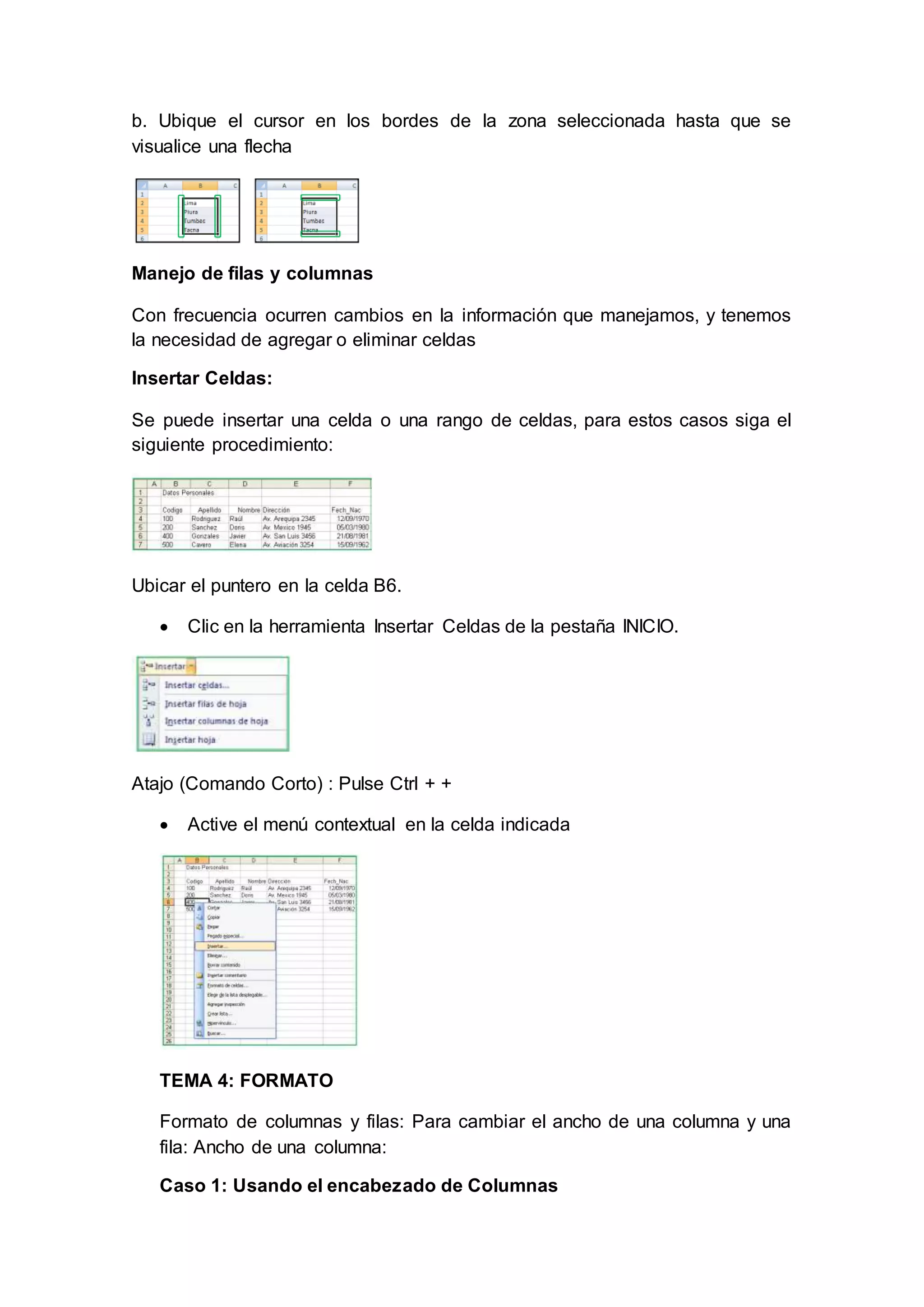 b. Ubique el cursor en los bordes de la zona seleccionada hasta que se
visualice una flecha
Manejo de filas y columnas
Con frecuencia ocurren cambios en la información que manejamos, y tenemos
la necesidad de agregar o eliminar celdas
Insertar Celdas:
Se puede insertar una celda o una rango de celdas, para estos casos siga el
siguiente procedimiento:
Ubicar el puntero en la celda B6.
 Clic en la herramienta Insertar Celdas de la pestaña INICIO.
Atajo (Comando Corto) : Pulse Ctrl + +
 Active el menú contextual en la celda indicada
TEMA 4: FORMATO
Formato de columnas y filas: Para cambiar el ancho de una columna y una
fila: Ancho de una columna:
Caso 1: Usando el encabezado de Columnas
 