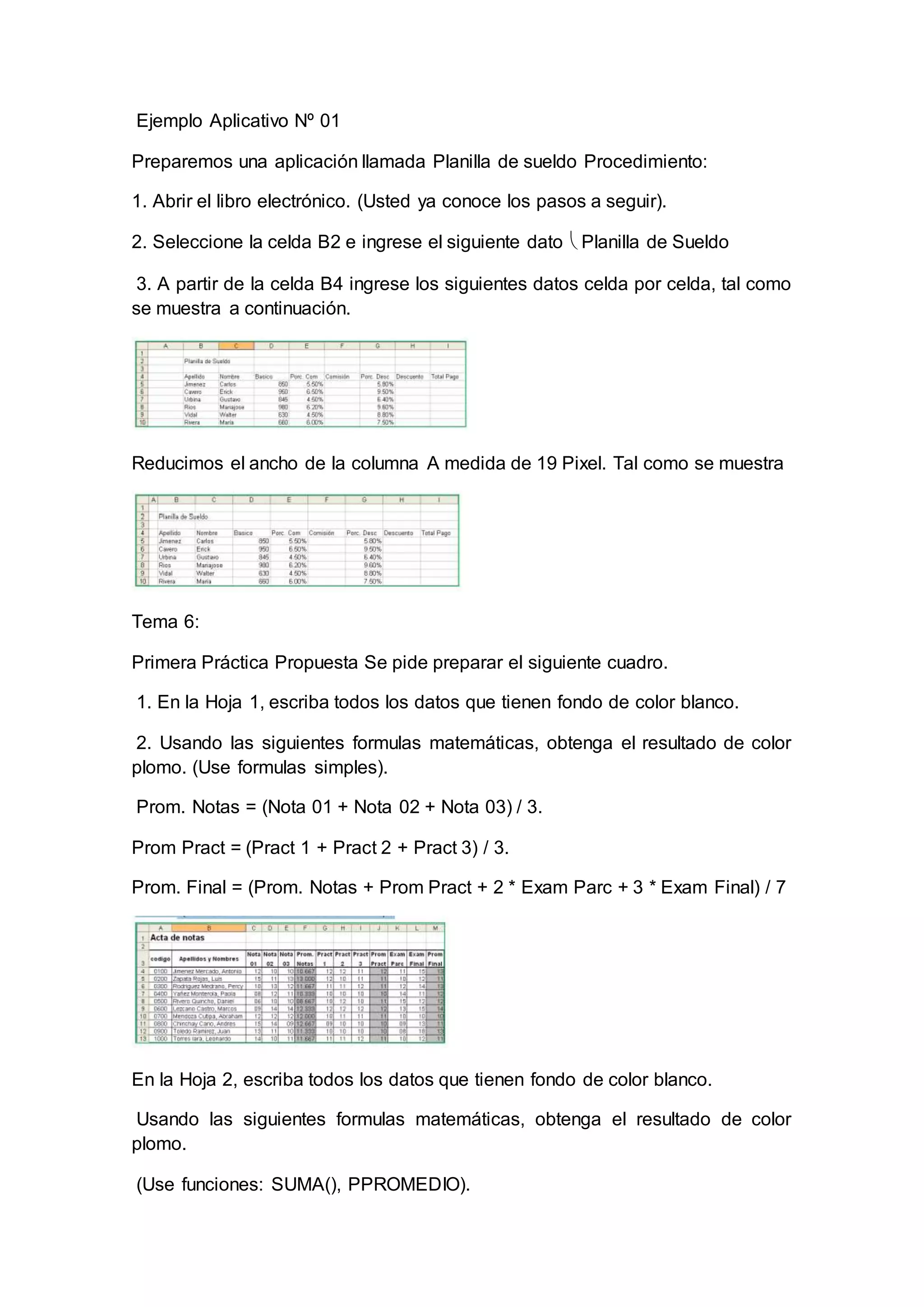 Ejemplo Aplicativo Nº 01
Preparemos una aplicación llamada Planilla de sueldo Procedimiento:
1. Abrir el libro electrónico. (Usted ya conoce los pasos a seguir).
2. Seleccione la celda B2 e ingrese el siguiente dato  Planilla de Sueldo
3. A partir de la celda B4 ingrese los siguientes datos celda por celda, tal como
se muestra a continuación.
Reducimos el ancho de la columna A medida de 19 Pixel. Tal como se muestra
Tema 6:
Primera Práctica Propuesta Se pide preparar el siguiente cuadro.
1. En la Hoja 1, escriba todos los datos que tienen fondo de color blanco.
2. Usando las siguientes formulas matemáticas, obtenga el resultado de color
plomo. (Use formulas simples).
Prom. Notas = (Nota 01 + Nota 02 + Nota 03) / 3.
Prom Pract = (Pract 1 + Pract 2 + Pract 3) / 3.
Prom. Final = (Prom. Notas + Prom Pract + 2 * Exam Parc + 3 * Exam Final) / 7
En la Hoja 2, escriba todos los datos que tienen fondo de color blanco.
Usando las siguientes formulas matemáticas, obtenga el resultado de color
plomo.
(Use funciones: SUMA(), PPROMEDIO).
 