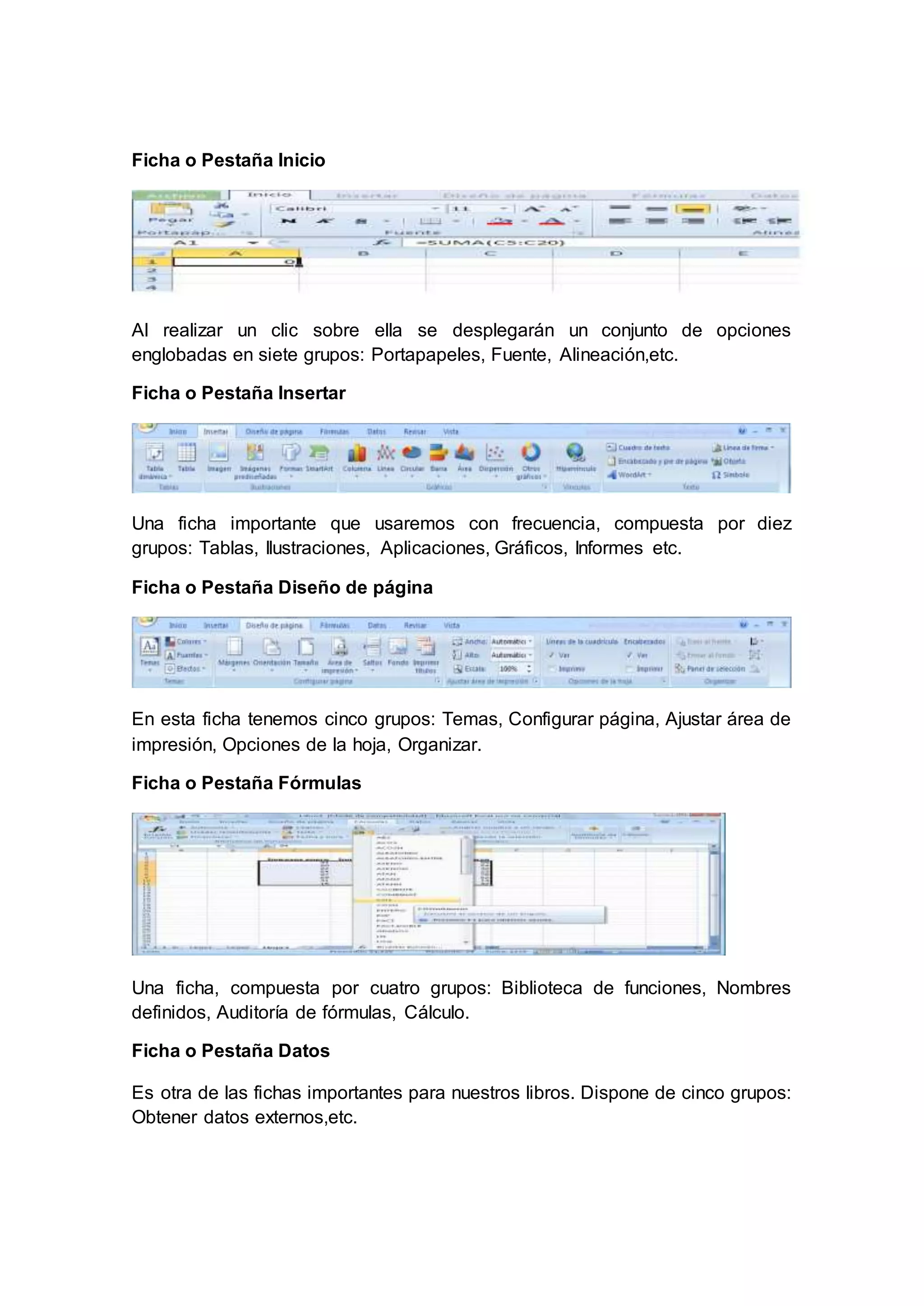 Ficha o Pestaña Inicio
Al realizar un clic sobre ella se desplegarán un conjunto de opciones
englobadas en siete grupos: Portapapeles, Fuente, Alineación,etc.
Ficha o Pestaña Insertar
Una ficha importante que usaremos con frecuencia, compuesta por diez
grupos: Tablas, Ilustraciones, Aplicaciones, Gráficos, Informes etc.
Ficha o Pestaña Diseño de página
En esta ficha tenemos cinco grupos: Temas, Configurar página, Ajustar área de
impresión, Opciones de la hoja, Organizar.
Ficha o Pestaña Fórmulas
Una ficha, compuesta por cuatro grupos: Biblioteca de funciones, Nombres
definidos, Auditoría de fórmulas, Cálculo.
Ficha o Pestaña Datos
Es otra de las fichas importantes para nuestros libros. Dispone de cinco grupos:
Obtener datos externos,etc.
 