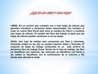 ¿QUEESUN LIBROY UNAHOJA?
LIBRO: Es un archivo que contiene una o más hojas de cálculo que
permiten introducir y almacenar datos relacionados. Por omisión, al
crear un nuevo libro Excel este toma el nombre de Libro1 y contiene
tres hojas de cálculo. El nombre del libro del trabajo al igual que las
hojas de cálculo pueden cambiarse si así se desea.
HOJA: Una hoja de trabajo esta compuesta por filas y columnas,
formando celdas en las que se pueden ingresar datos y fórmulas. El
conjunto de hojas de trabajo contenidas en un solo archivo se
denomina libro de trabajo Excel. Dentro de la hoja de trabajo, las filas
se identifican con números, las columnas se identifican con letras y
las celdas se identifican con la combinación de la columna y fila
donde esta ubicada la celda.
 