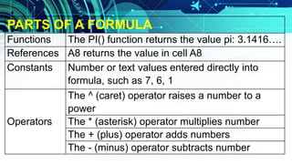 PARTS OF A FORMULA
Functions The PI() function returns the value pi: 3.1416….
References A8 returns the value in cell A8
Constants Number or text values entered directly into
formula, such as 7, 6, 1
Operators
The ^ (caret) operator raises a number to a
power
The * (asterisk) operator multiplies number
The + (plus) operator adds numbers
The - (minus) operator subtracts number
 