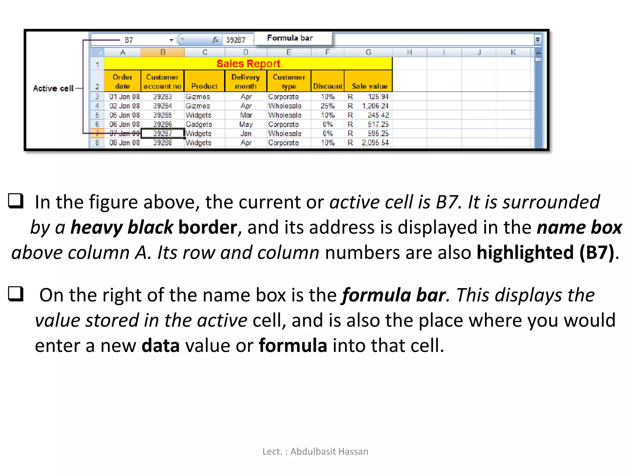  In the figure above, the current or active cell is B7. It is surrounded
by a heavy black border, and its address is displayed in the name box
above column A. Its row and column numbers are also highlighted (B7).
 On the right of the name box is the formula bar. This displays the
value stored in the active cell, and is also the place where you would
enter a new data value or formula into that cell.
Lect. : Abdulbasit Hassan
 