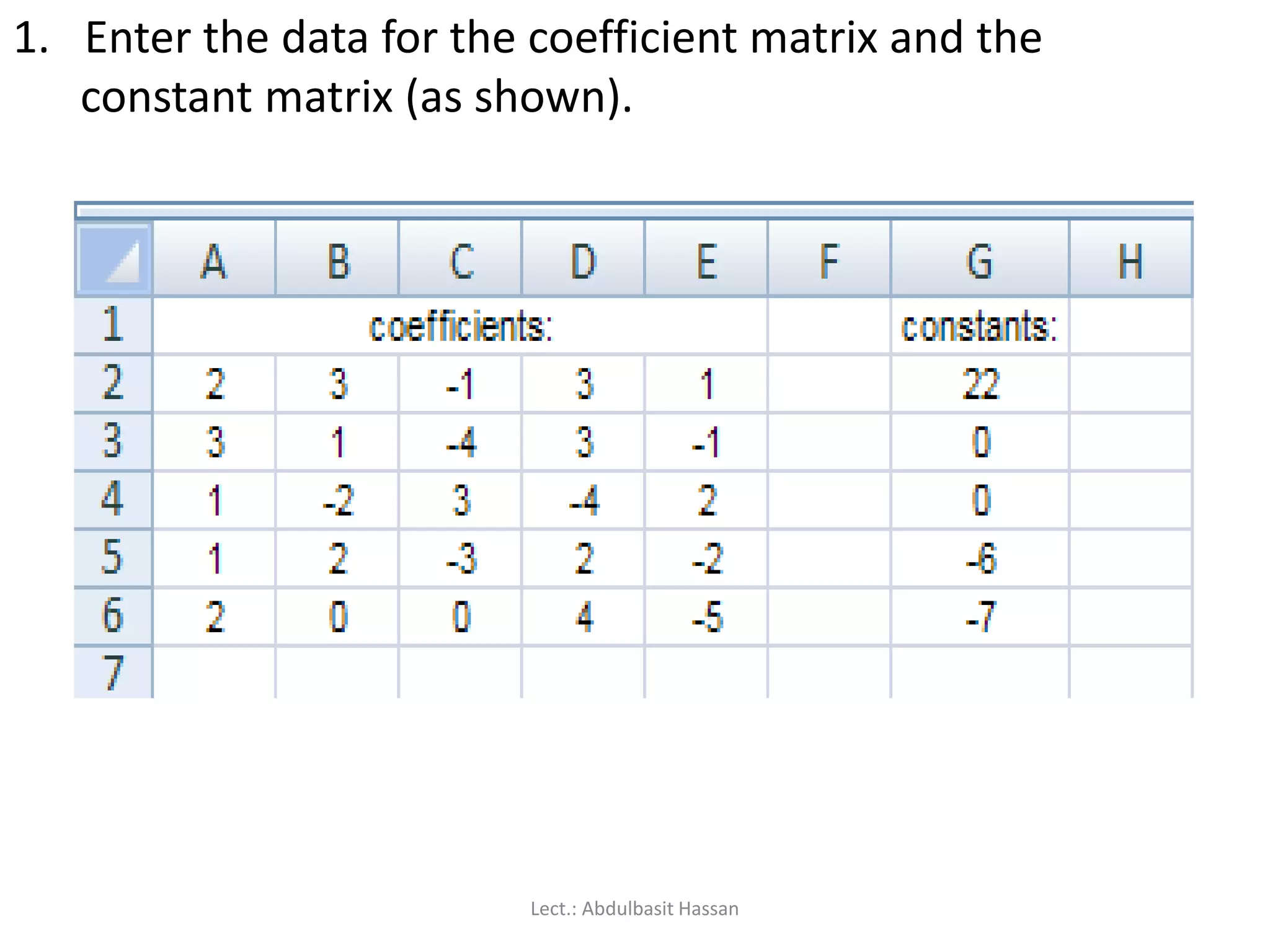 1. Enter the data for the coefficient matrix and the
constant matrix (as shown).
Lect.: Abdulbasit Hassan
 