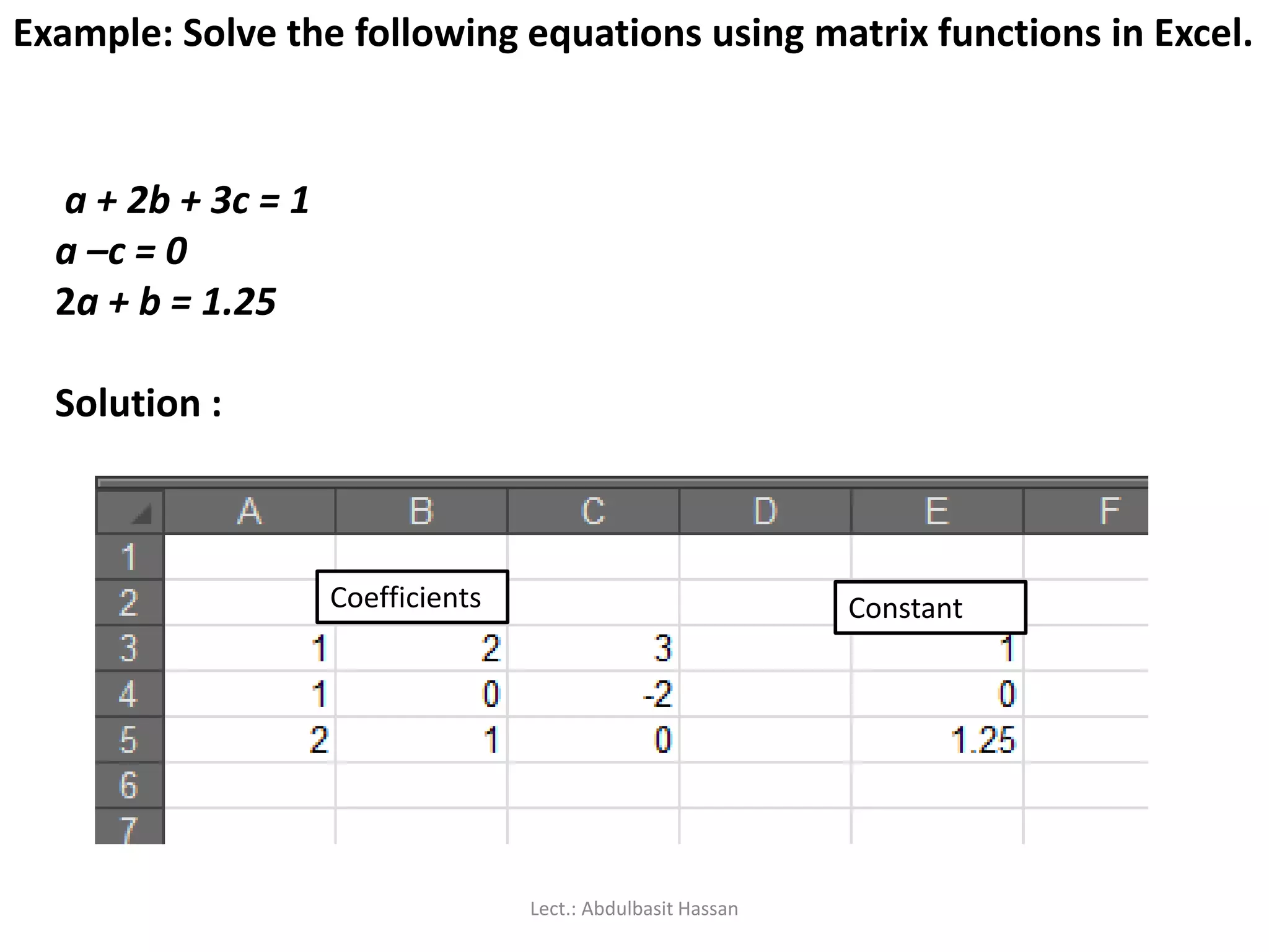 a + 2b + 3c = 1
a –c = 0
2a + b = 1.25
Solution :
Example: Solve the following equations using matrix functions in Excel.
Coefficients Constant
Lect.: Abdulbasit Hassan
 