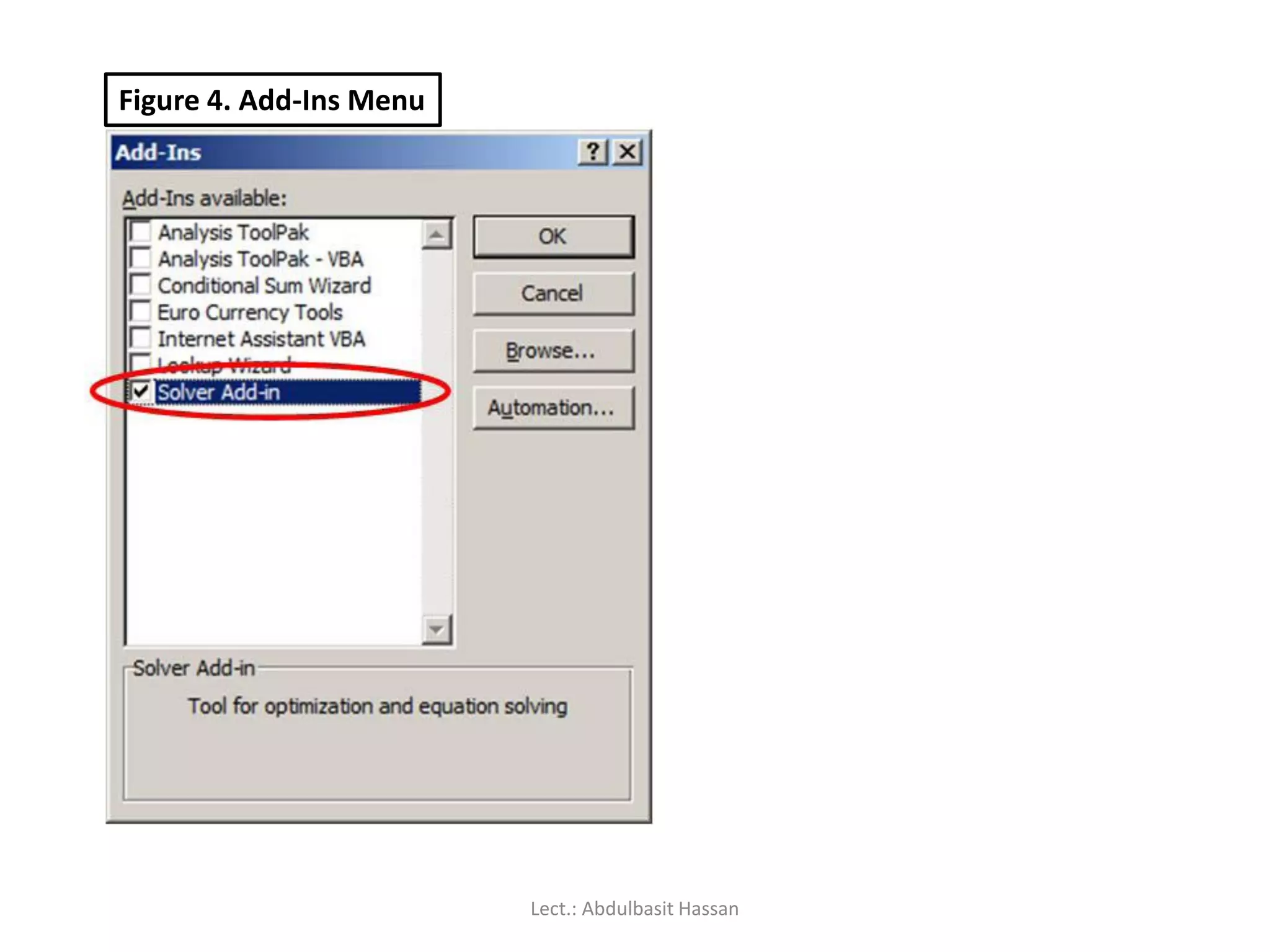 Figure 4. Add‐Ins Menu
Lect.: Abdulbasit Hassan
 