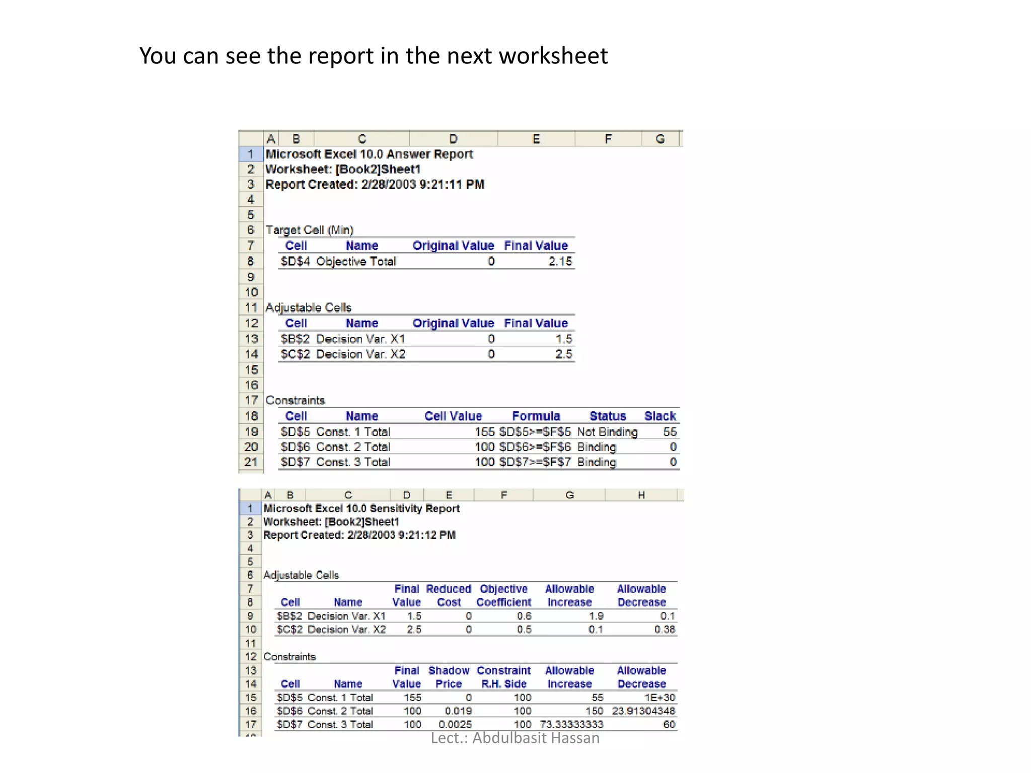You can see the report in the next worksheet
Lect.: Abdulbasit Hassan
 