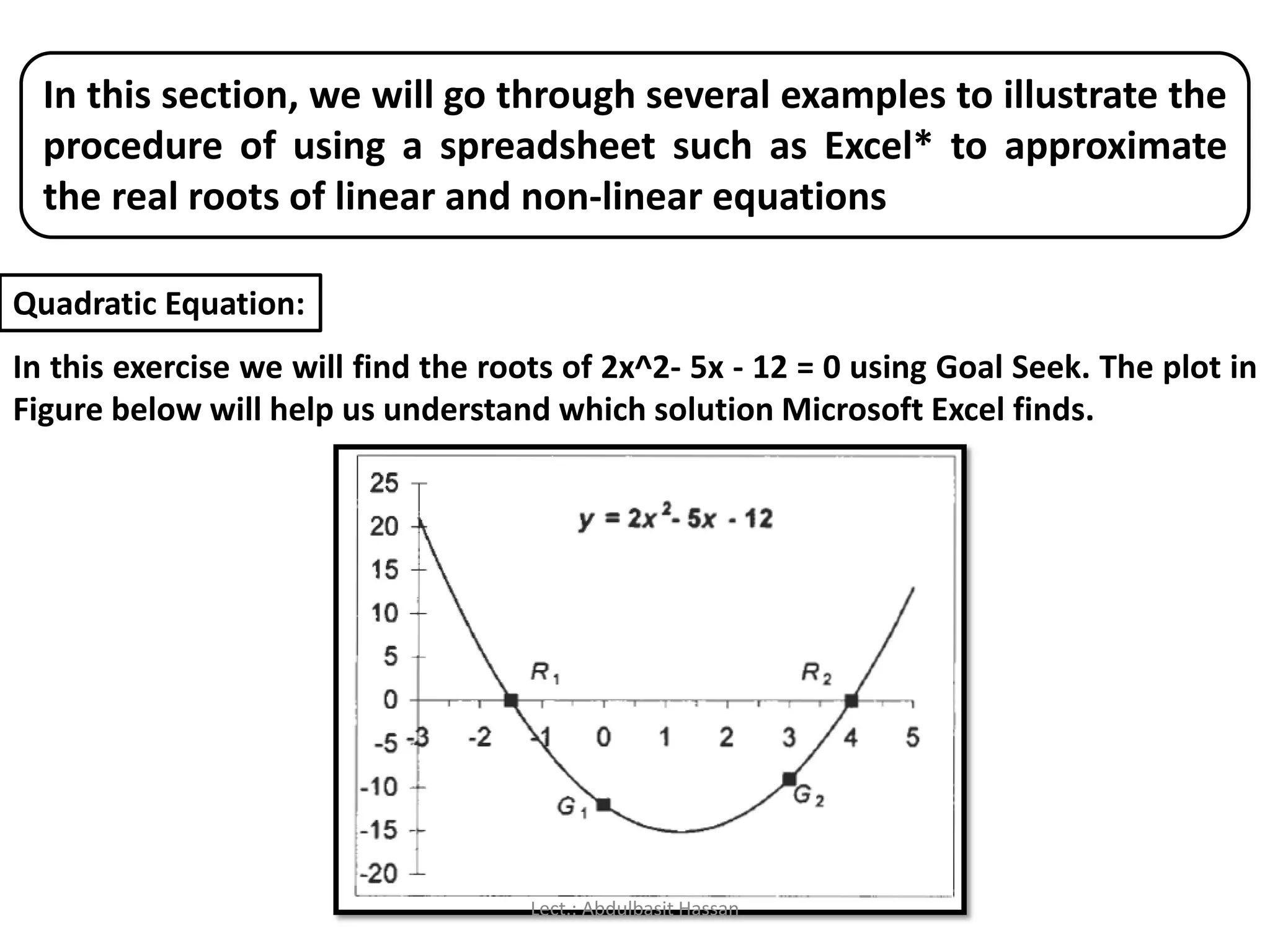 In this section, we will go through several examples to illustrate the
procedure of using a spreadsheet such as Excel* to approximate
the real roots of linear and non-linear equations
Quadratic Equation:
In this exercise we will find the roots of 2x^2- 5x - 12 = 0 using Goal Seek. The plot in
Figure below will help us understand which solution Microsoft Excel finds.
Lect.: Abdulbasit Hassan
 