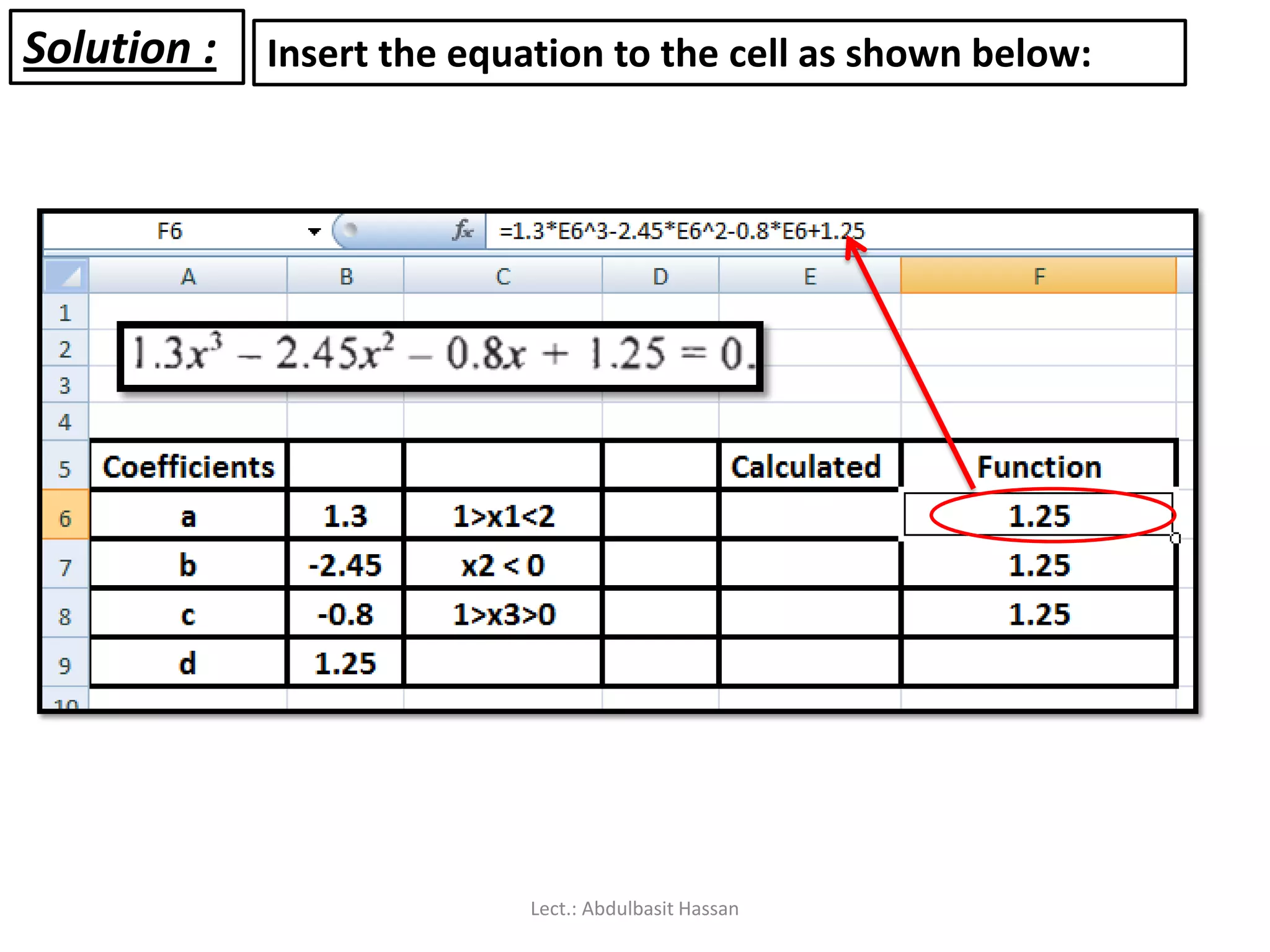 Solution : Insert the equation to the cell as shown below:
Lect.: Abdulbasit Hassan
 