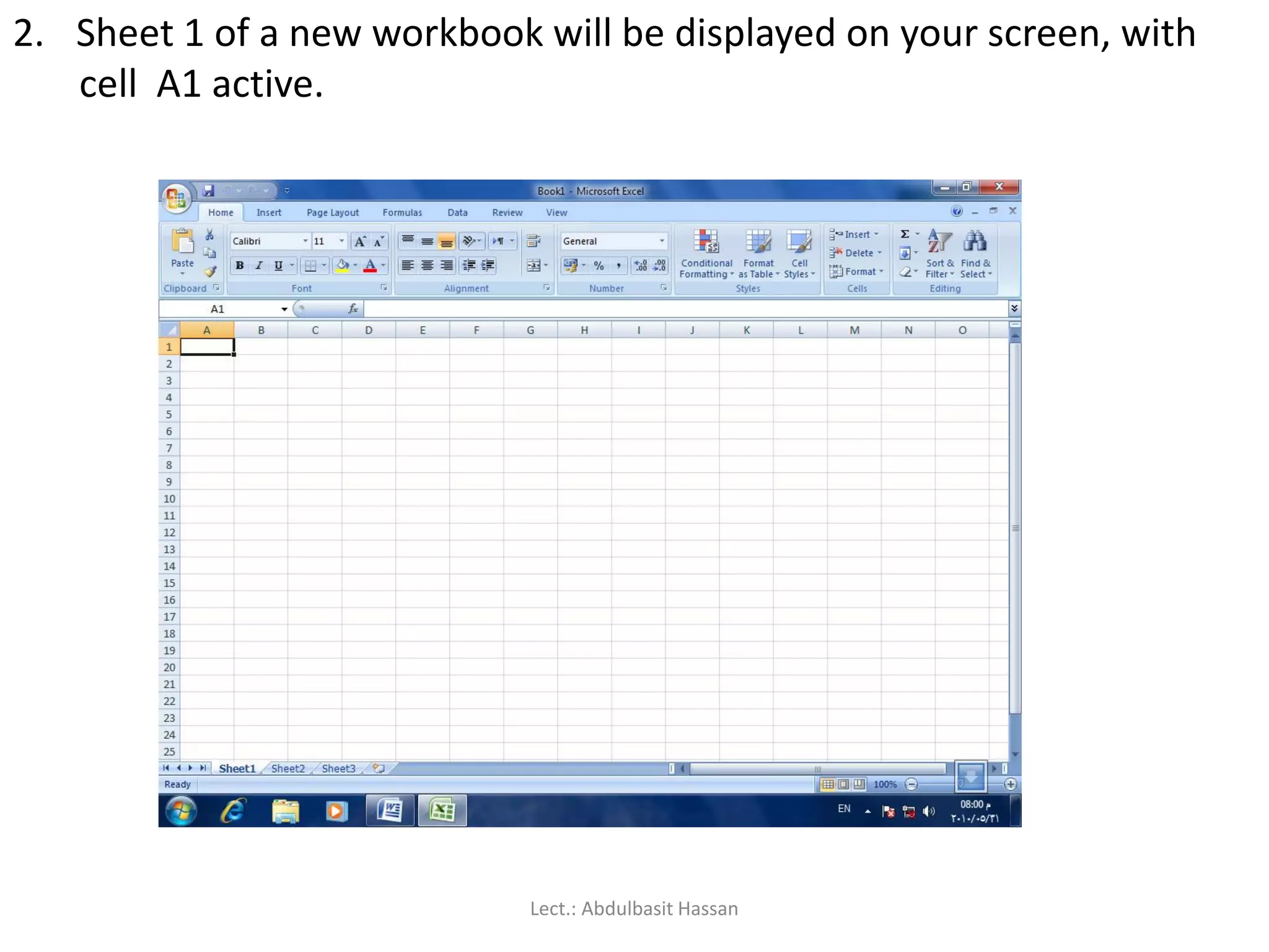 2. Sheet 1 of a new workbook will be displayed on your screen, with
cell A1 active.
Lect.: Abdulbasit Hassan
 