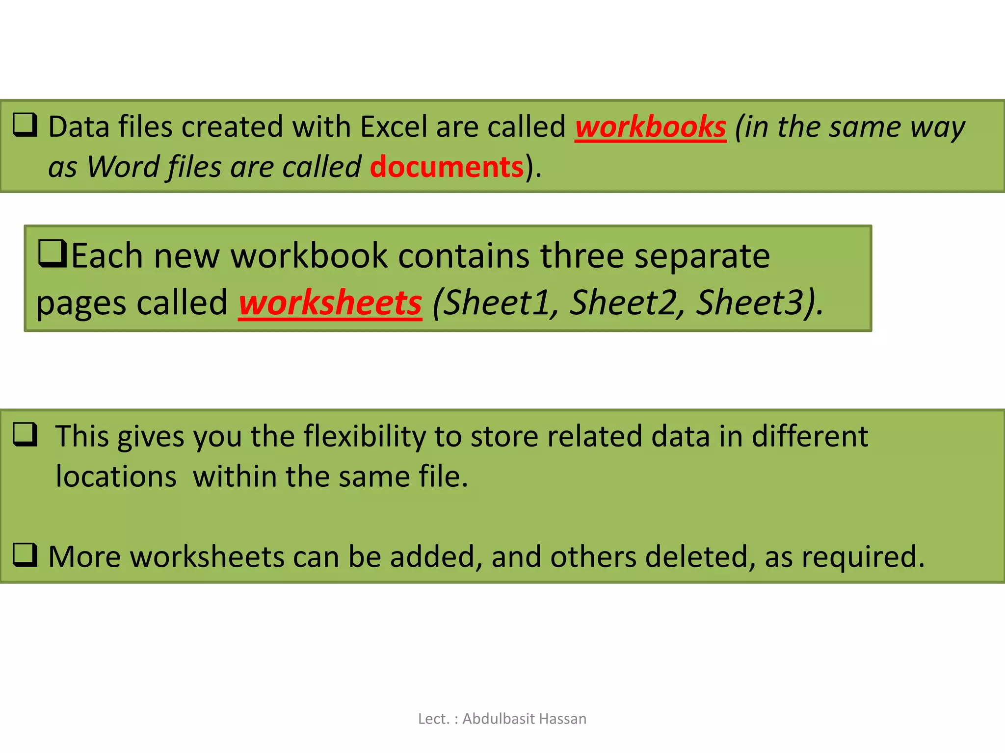  Data files created with Excel are called workbooks (in the same way
as Word files are called documents).
 This gives you the flexibility to store related data in different
locations within the same file.
 More worksheets can be added, and others deleted, as required.
Each new workbook contains three separate
pages called worksheets (Sheet1, Sheet2, Sheet3).
Lect. : Abdulbasit Hassan
 