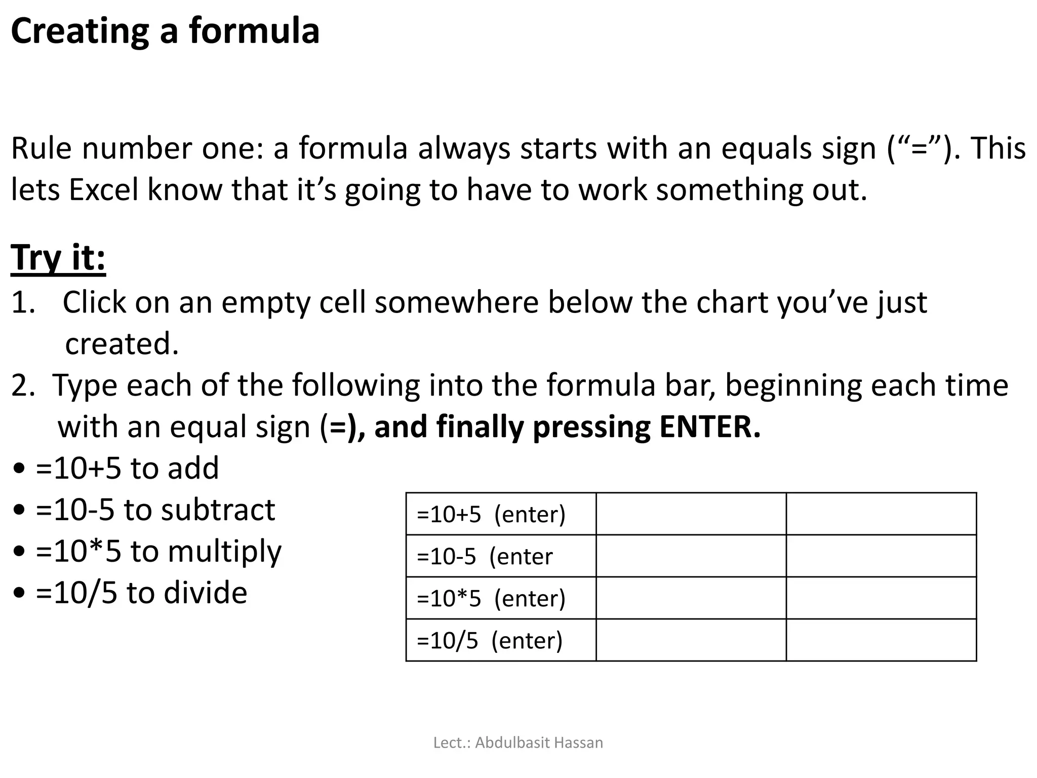 Creating a formula
Rule number one: a formula always starts with an equals sign (“=”). This
lets Excel know that it’s going to have to work something out.
Try it:
1. Click on an empty cell somewhere below the chart you’ve just
created.
2. Type each of the following into the formula bar, beginning each time
with an equal sign (=), and finally pressing ENTER.
• =10+5 to add
• =10-5 to subtract
• =10*5 to multiply
• =10/5 to divide
=10+5 (enter)
=10-5 (enter
=10*5 (enter)
=10/5 (enter)
Lect.: Abdulbasit Hassan
 