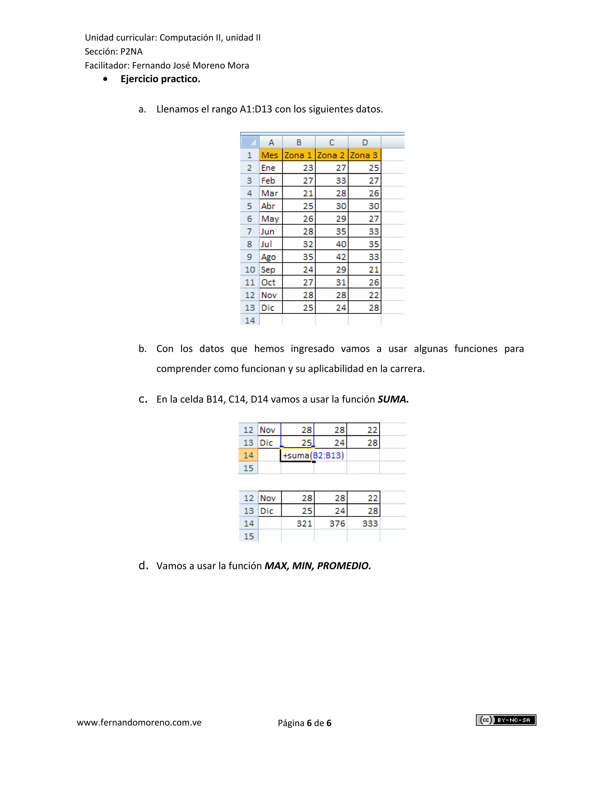 Unidad curricular: Computación II, unidad II
 Sección: P2NA
 Facilitador: Fernando José Moreno Mora
     •   Ejercicio practico.

              a. Llenamos el rango A1:D13 con los siguientes datos.




              b. Con los datos que hemos ingresado vamos a usar algunas funciones para
                  comprender como funcionan y su aplicabilidad en la carrera.

              c. En la celda B14, C14, D14 vamos a usar la función SUMA.




              d. Vamos a usar la función MAX, MIN, PROMEDIO.




www.fernandomoreno.com.ve                       Página 6 de 6
 