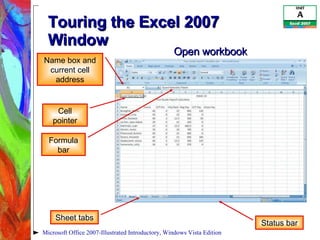 Touring the Excel 2007 Window  Microsoft Office 2007-Illustrated Introductory, Windows Vista Edition Name box and current cell address Formula bar Sheet tabs Cell pointer Status bar Open workbook 